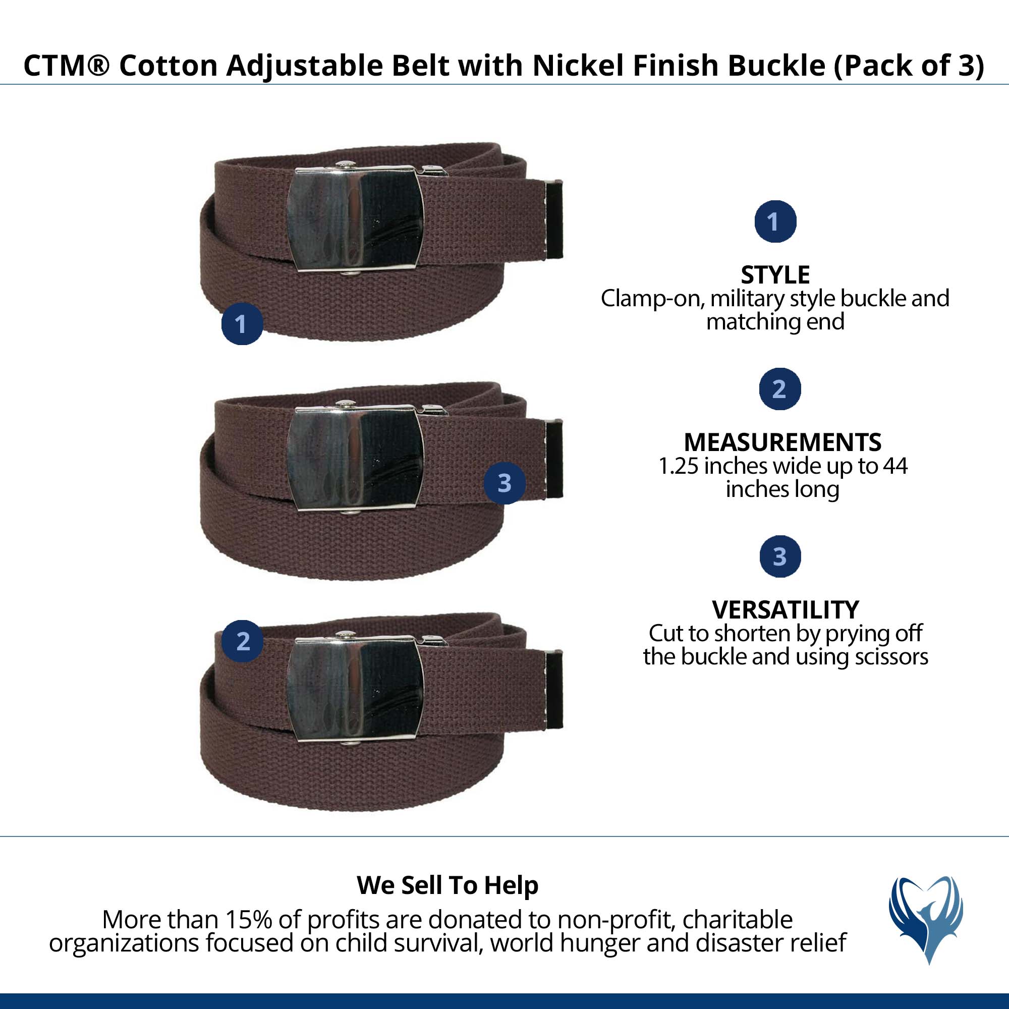 CTM® Cotton Adjustable Belt with Nickel Finish Buckle (Pack of 3) - Brown