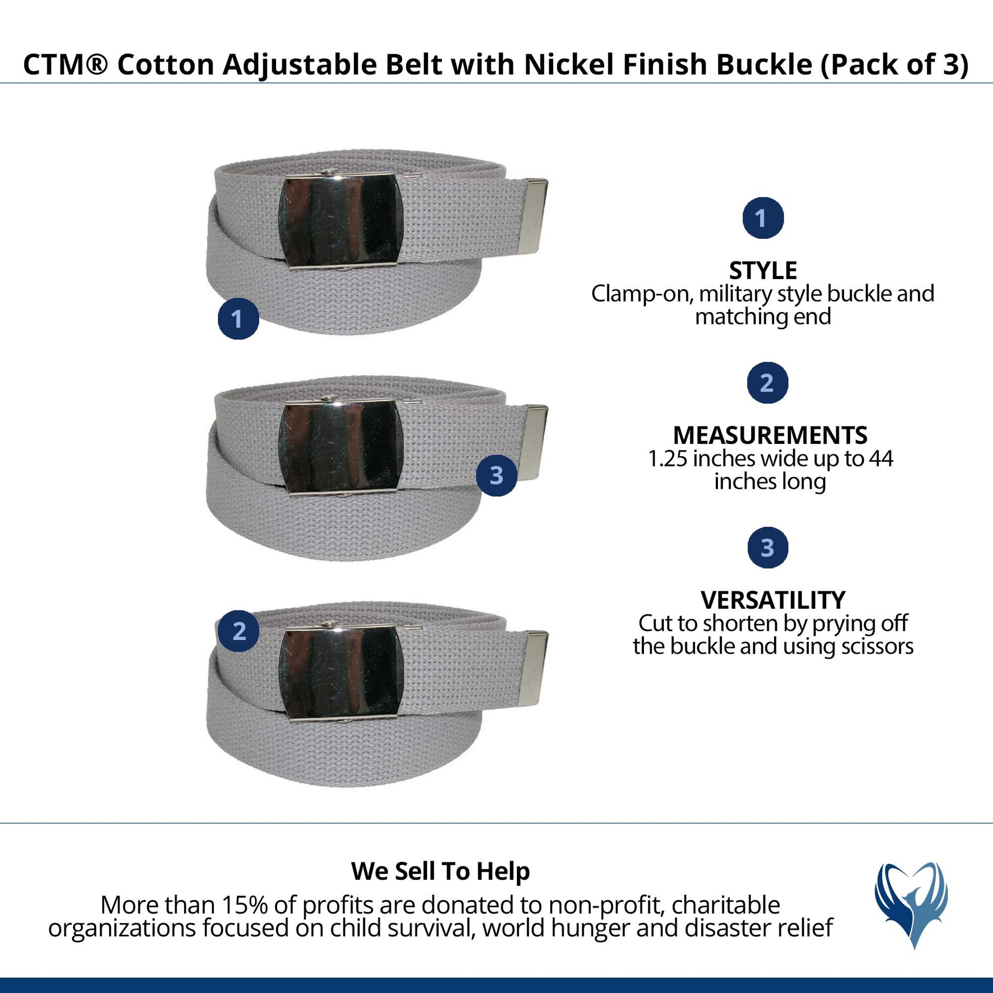 CTM® Cotton Adjustable Belt with Nickel Finish Buckle (Pack of 3) - Grey