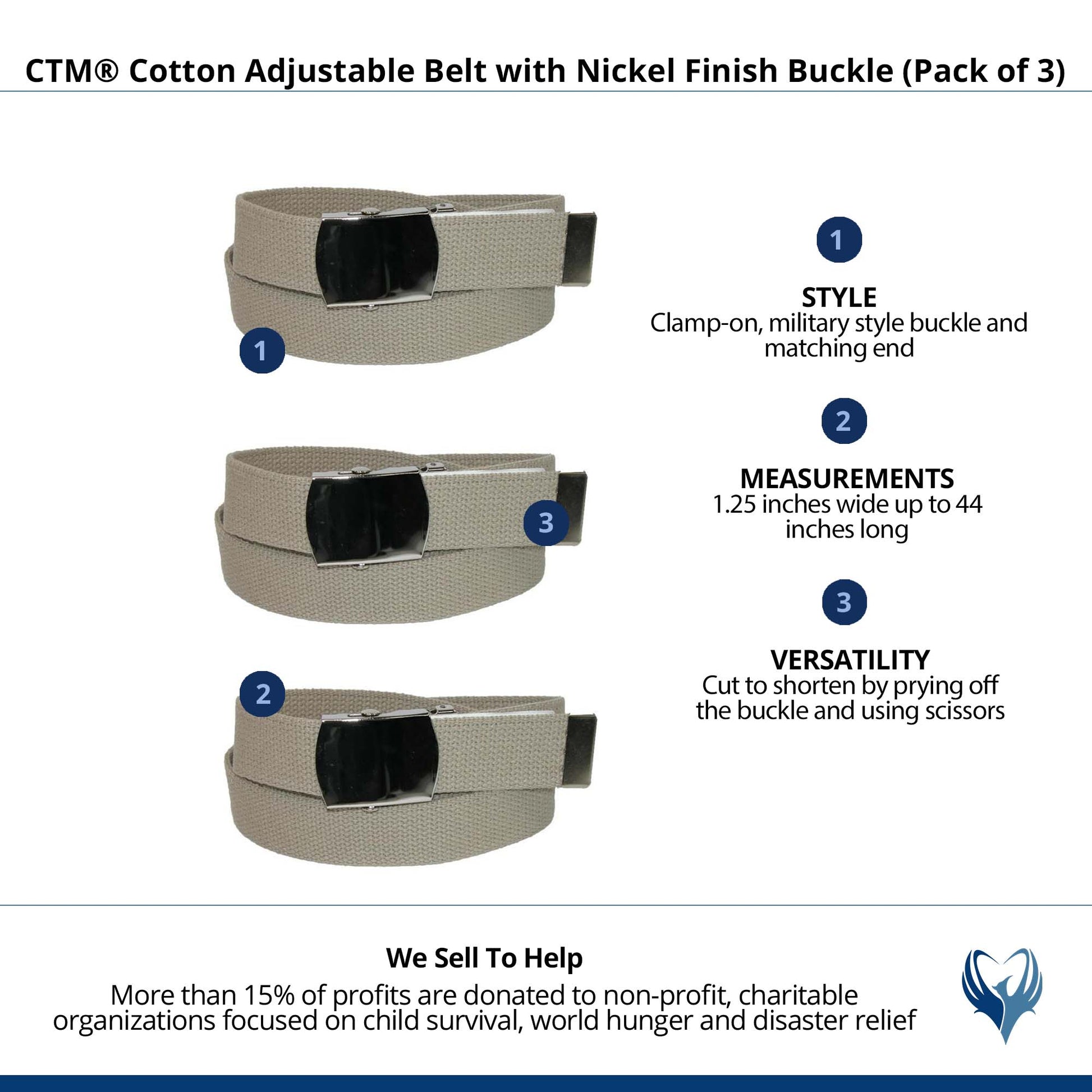 CTM® Cotton Adjustable Belt with Nickel Finish Buckle (Pack of 3) - Khaki