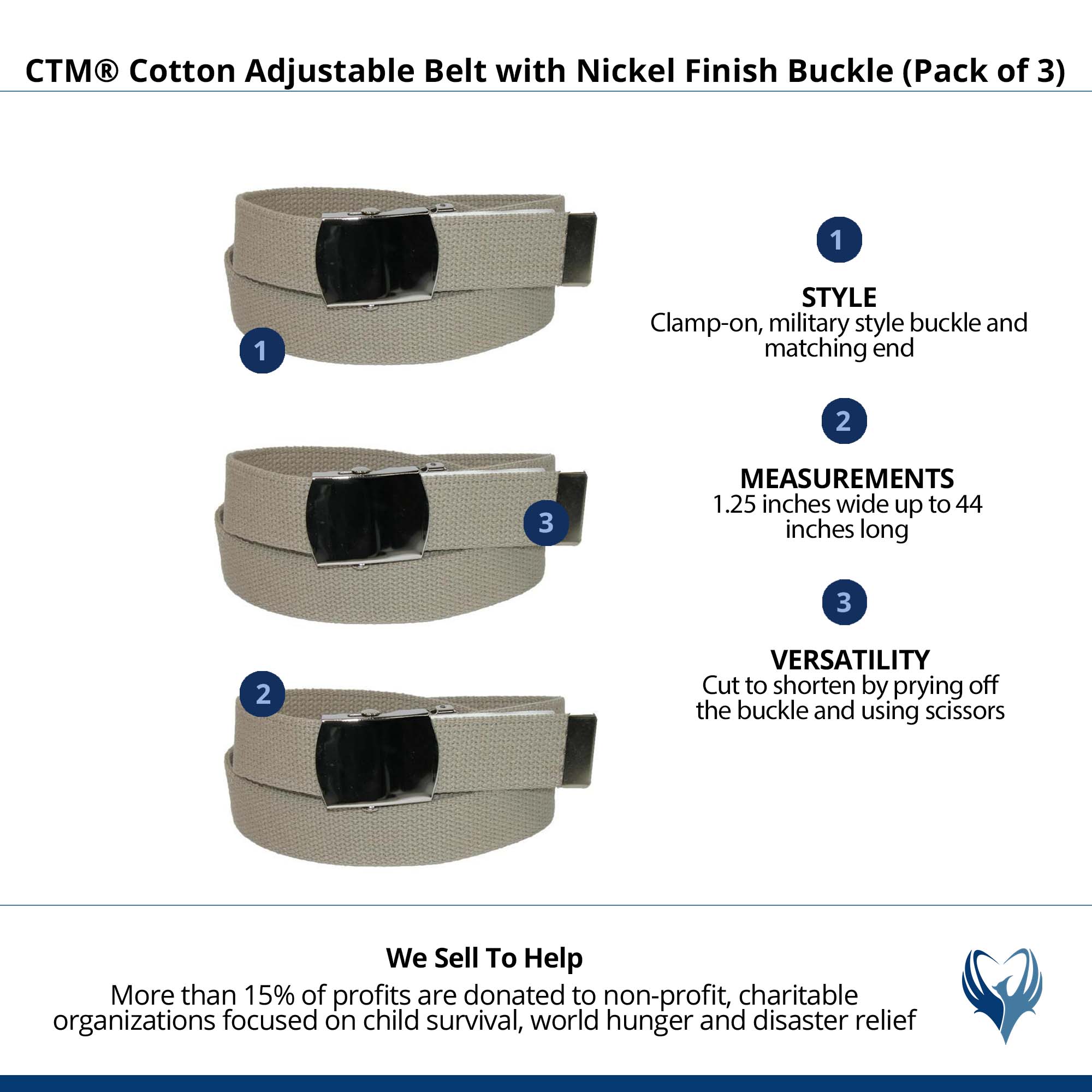 CTM® Cotton Adjustable Belt with Nickel Finish Buckle (Pack of 3) - Khaki