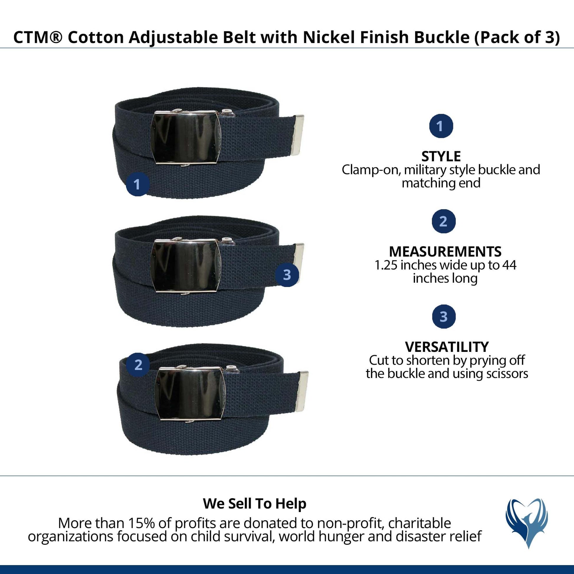 CTM® Cotton Adjustable Belt with Nickel Finish Buckle (Pack of 3) - Navy