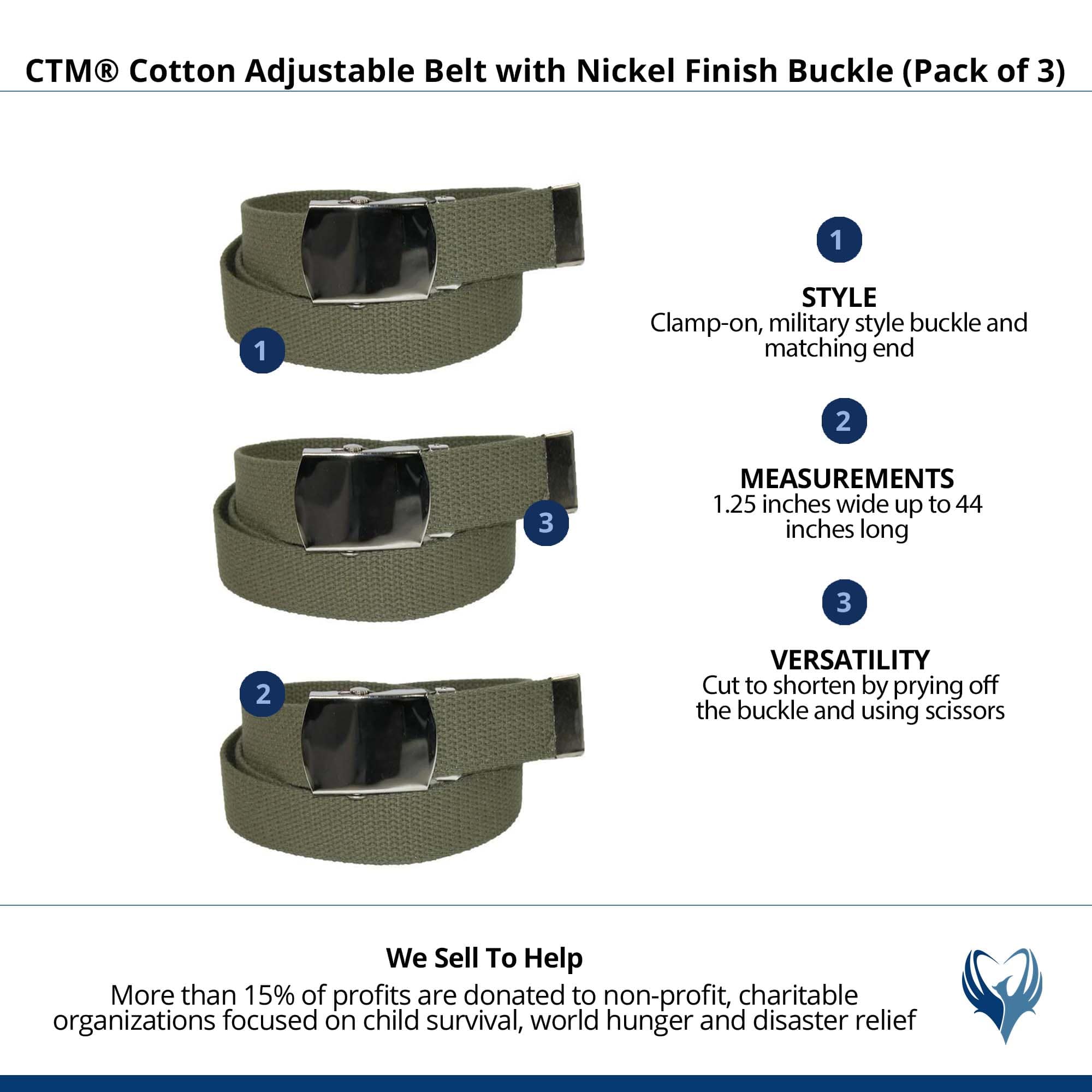 CTM® Cotton Adjustable Belt with Nickel Finish Buckle (Pack of 3) - Olive