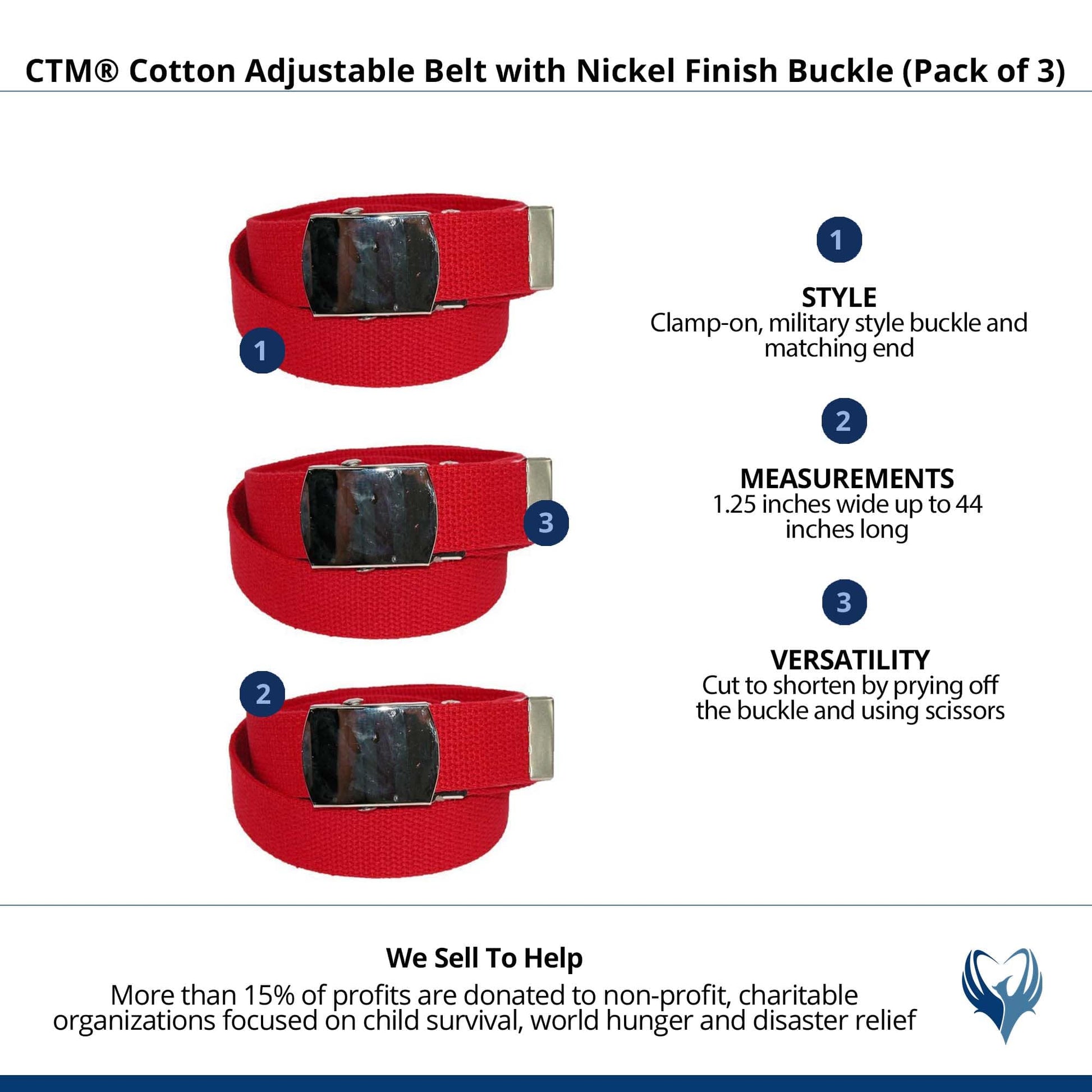 CTM® Cotton Adjustable Belt with Nickel Finish Buckle (Pack of 3) - Red