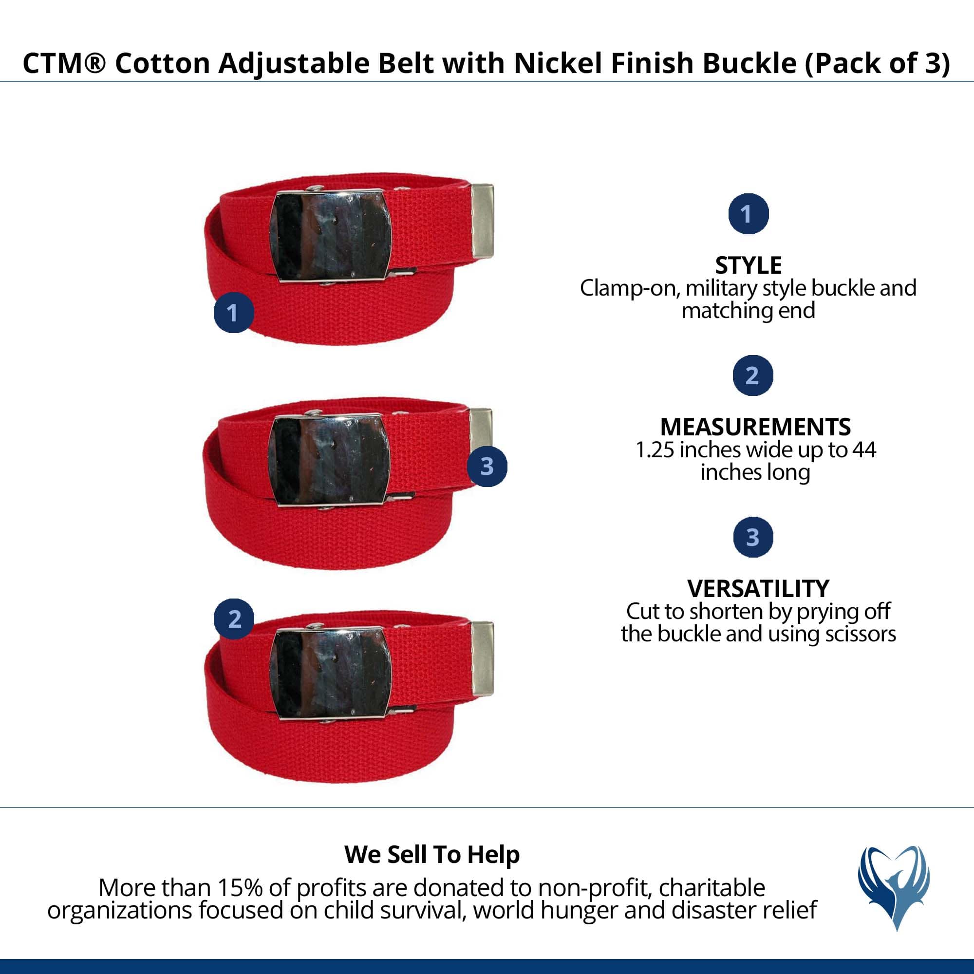 CTM® Cotton Adjustable Belt with Nickel Finish Buckle (Pack of 3) - Red