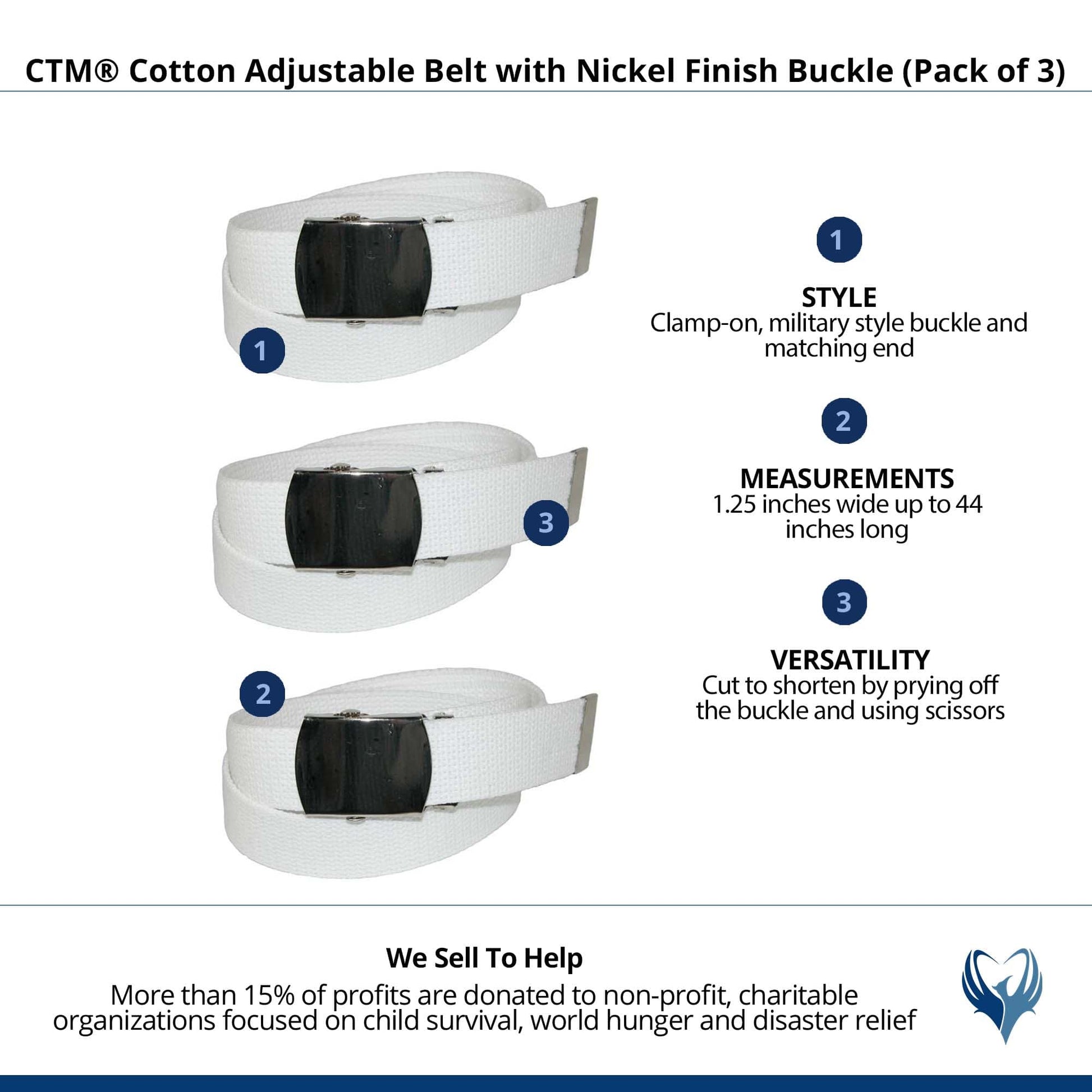 CTM® Cotton Adjustable Belt with Nickel Finish Buckle (Pack of 3) - White