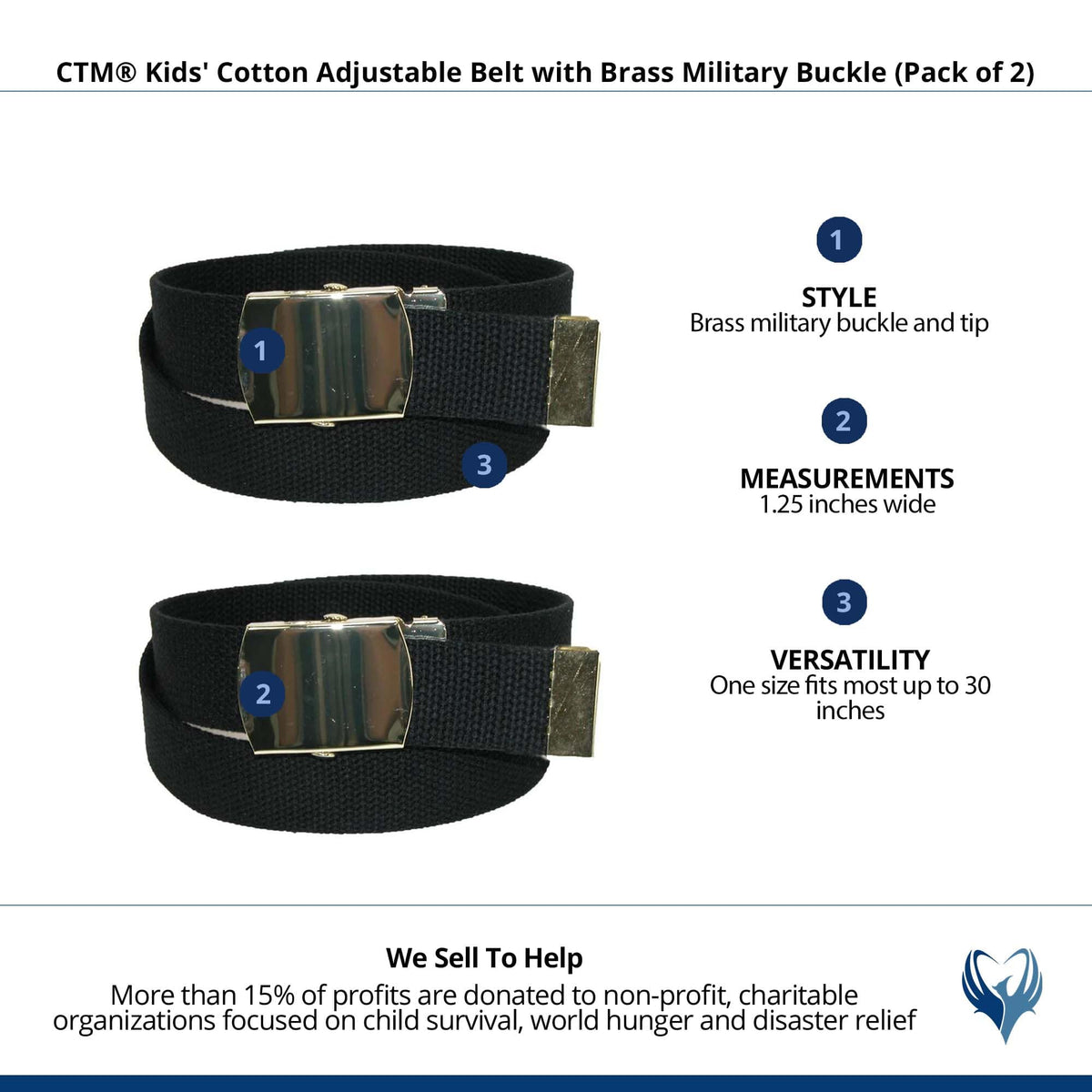 CTM® Kids' Cotton Adjustable Belt with Brass Military Buckle (Pack of 2) - Black