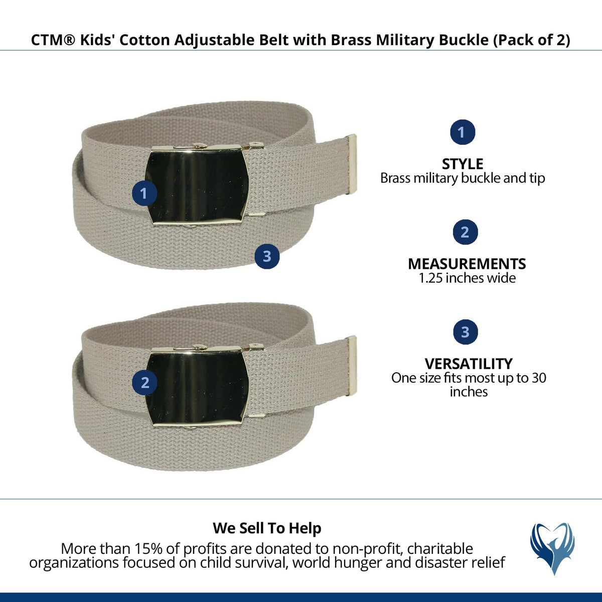 CTM® Kids' Cotton Adjustable Belt with Brass Military Buckle (Pack of 2) - Khaki
