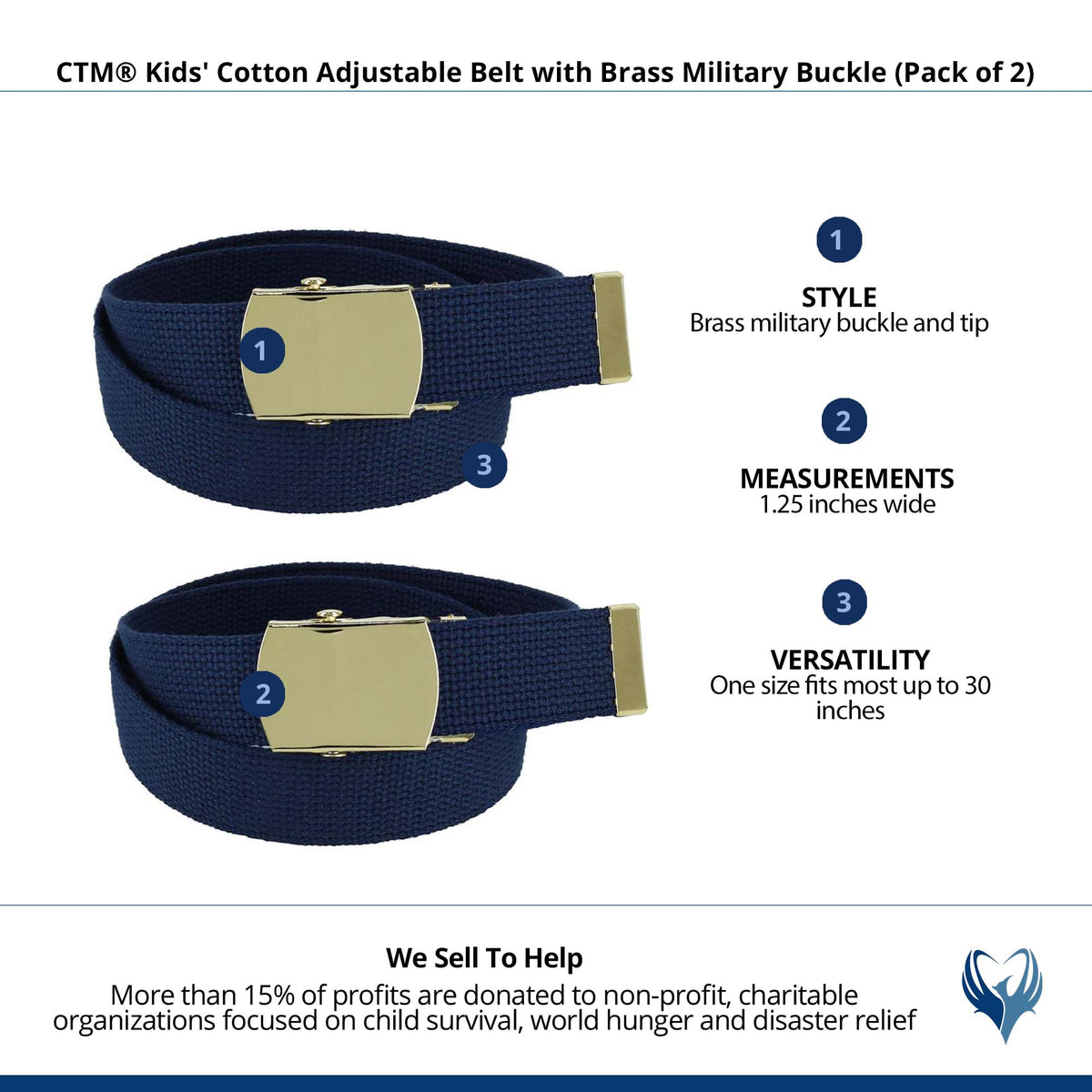 CTM® Kids' Cotton Adjustable Belt with Brass Military Buckle (Pack of 2) - Navy