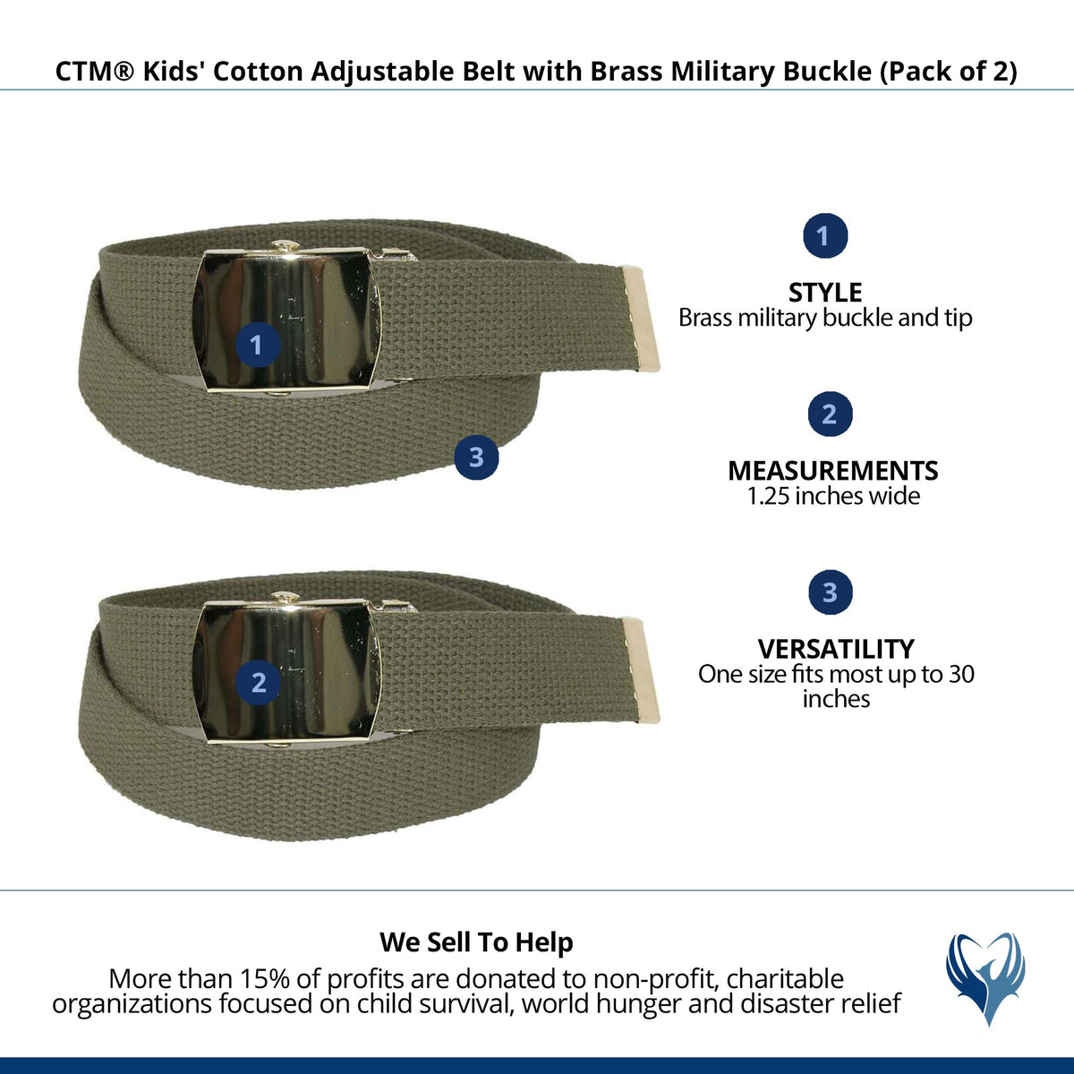 CTM® Kids' Cotton Adjustable Belt with Brass Military Buckle (Pack of 2) - Olive