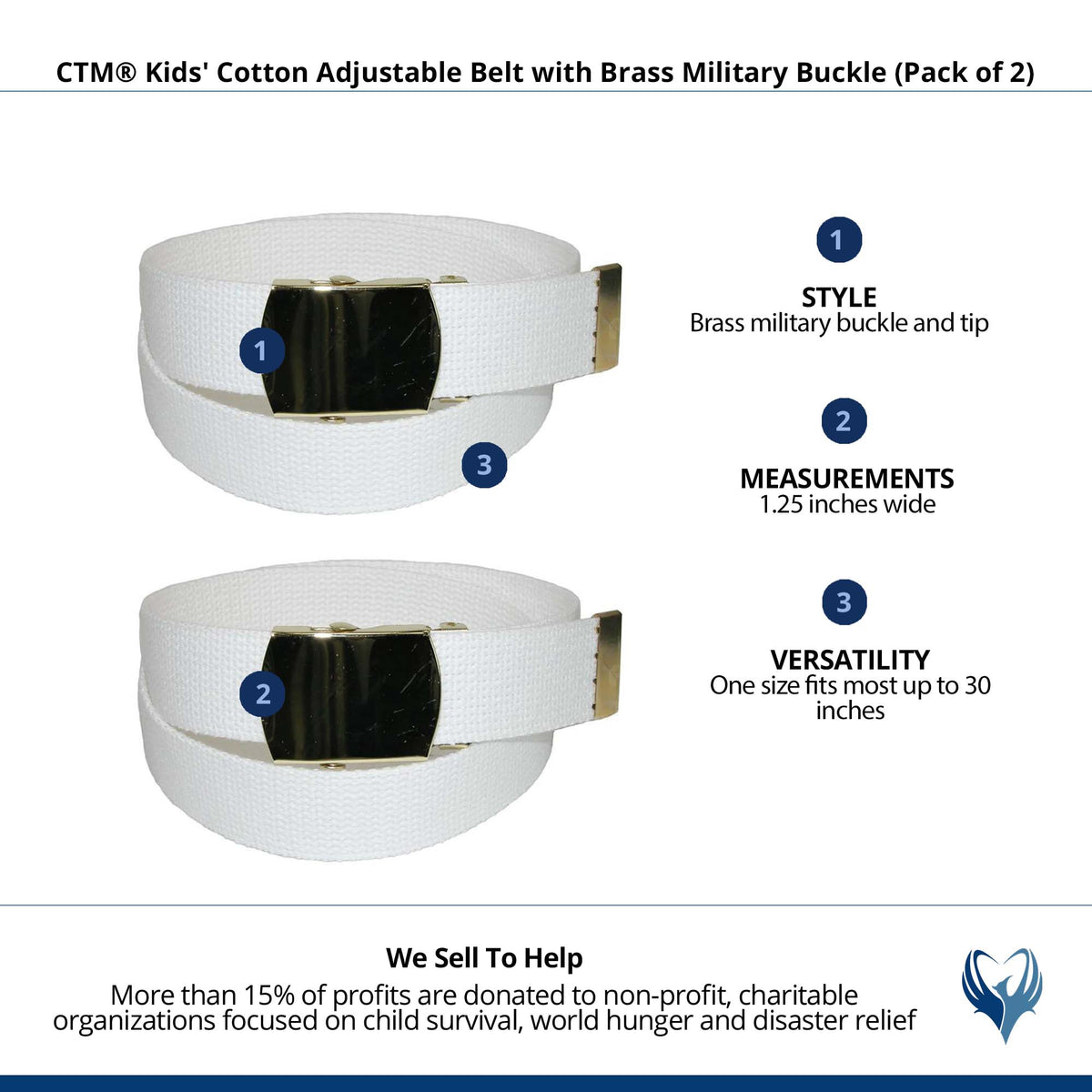 CTM® Kids' Cotton Adjustable Belt with Brass Military Buckle (Pack of 2) - White