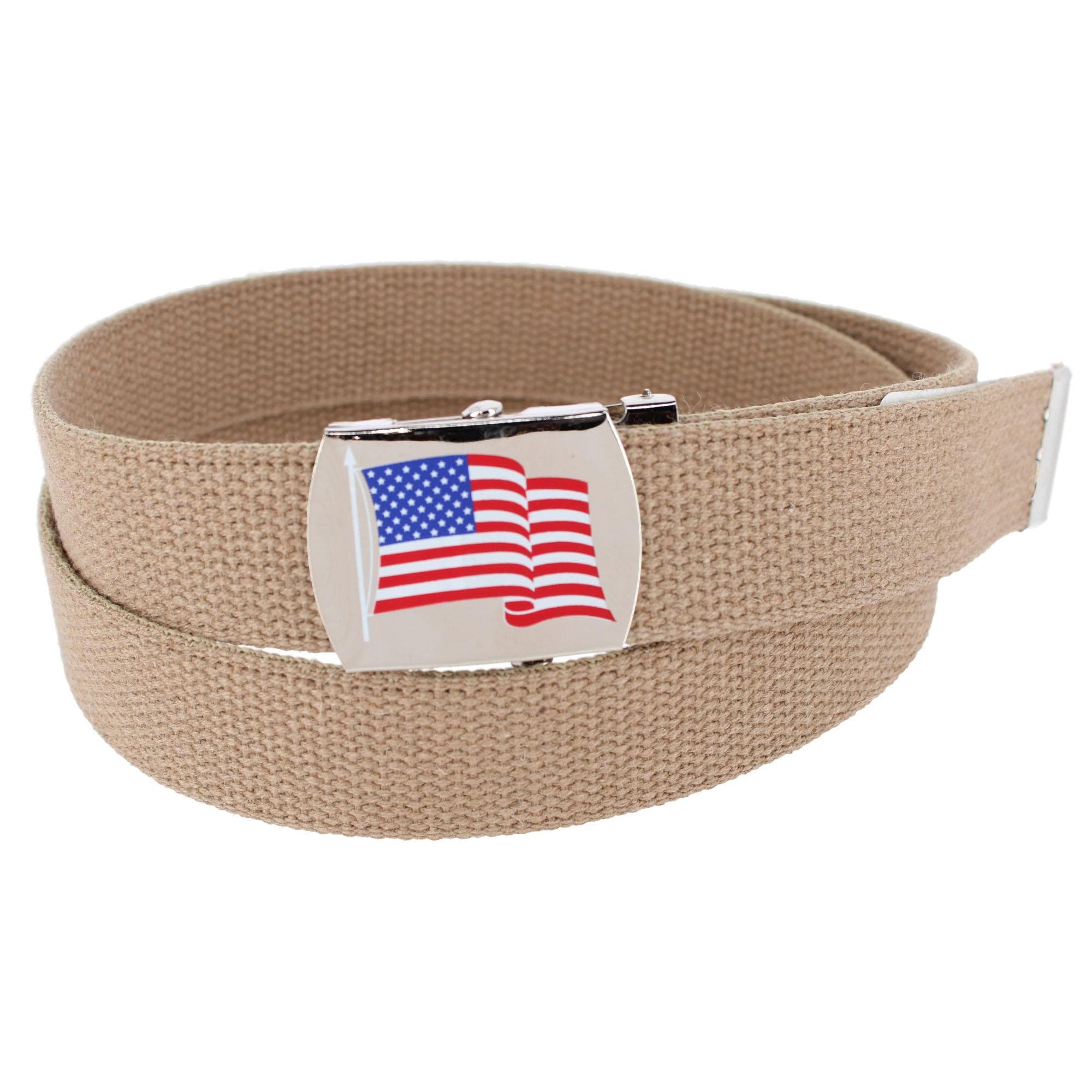 CTM® Cotton Adjustable Belt with U.S.A. Flag Buckle - Khaki