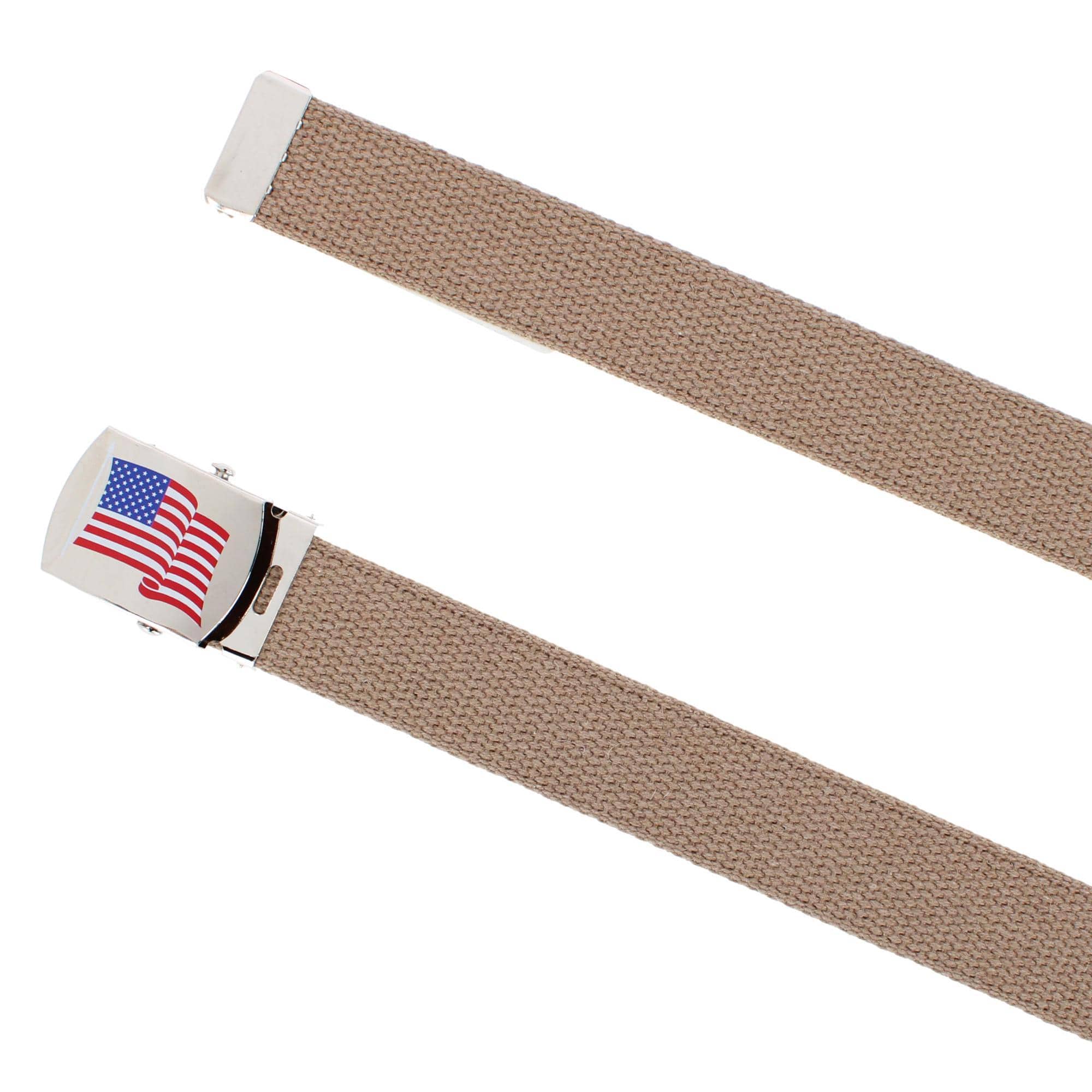 CTM® Cotton Adjustable Belt with U.S.A. Flag Buckle - Khaki