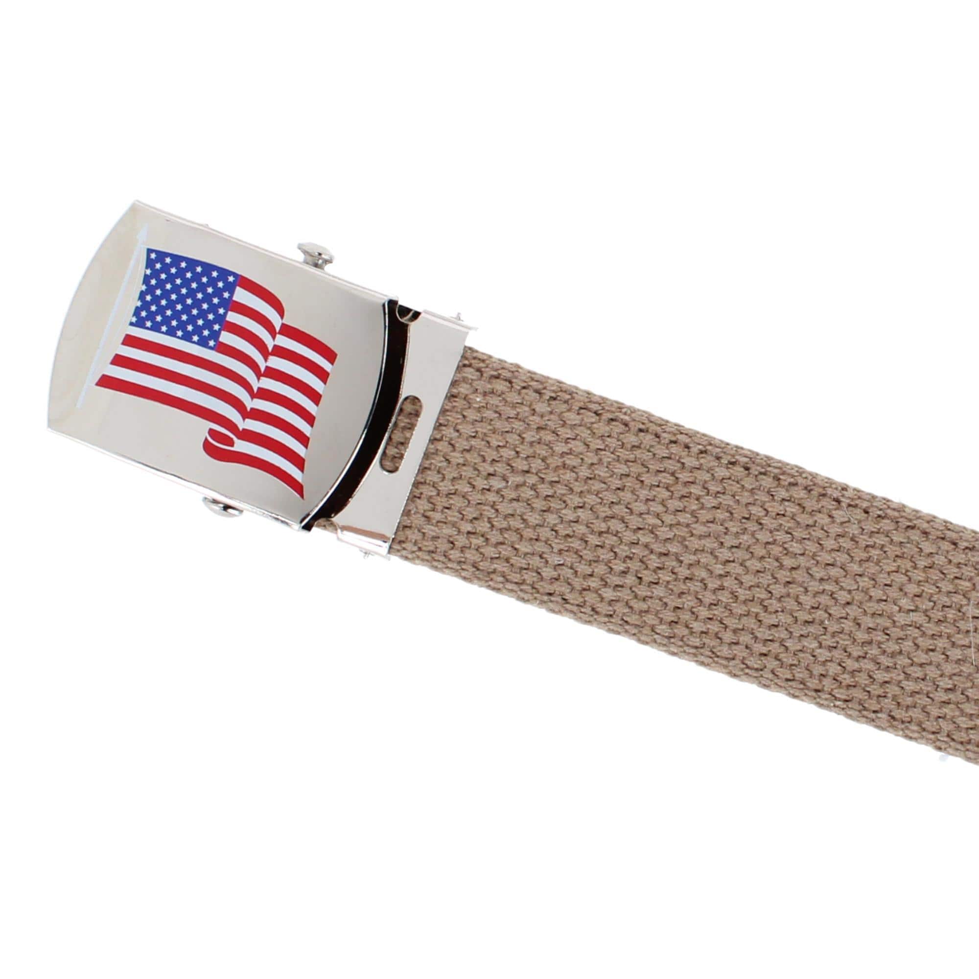CTM® Cotton Adjustable Belt with U.S.A. Flag Buckle - Khaki