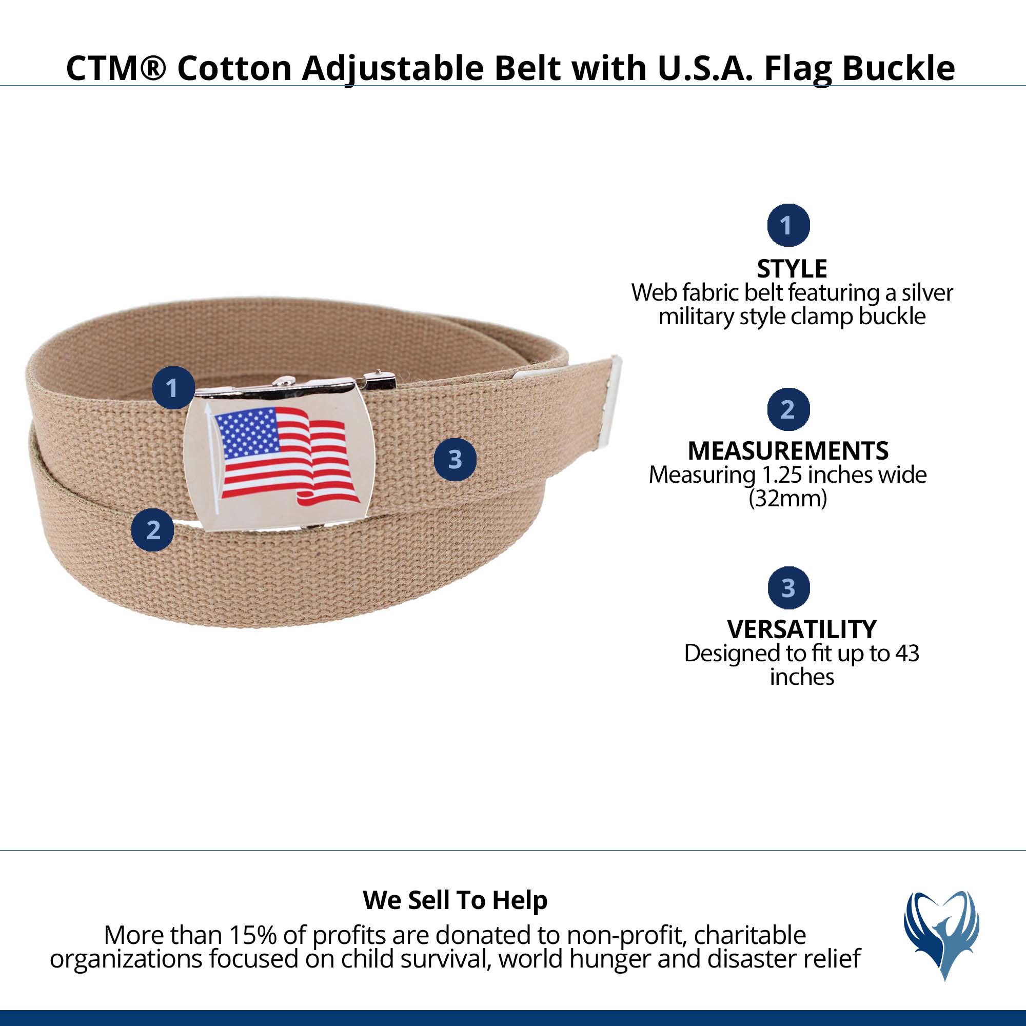 CTM® Cotton Adjustable Belt with U.S.A. Flag Buckle - Khaki