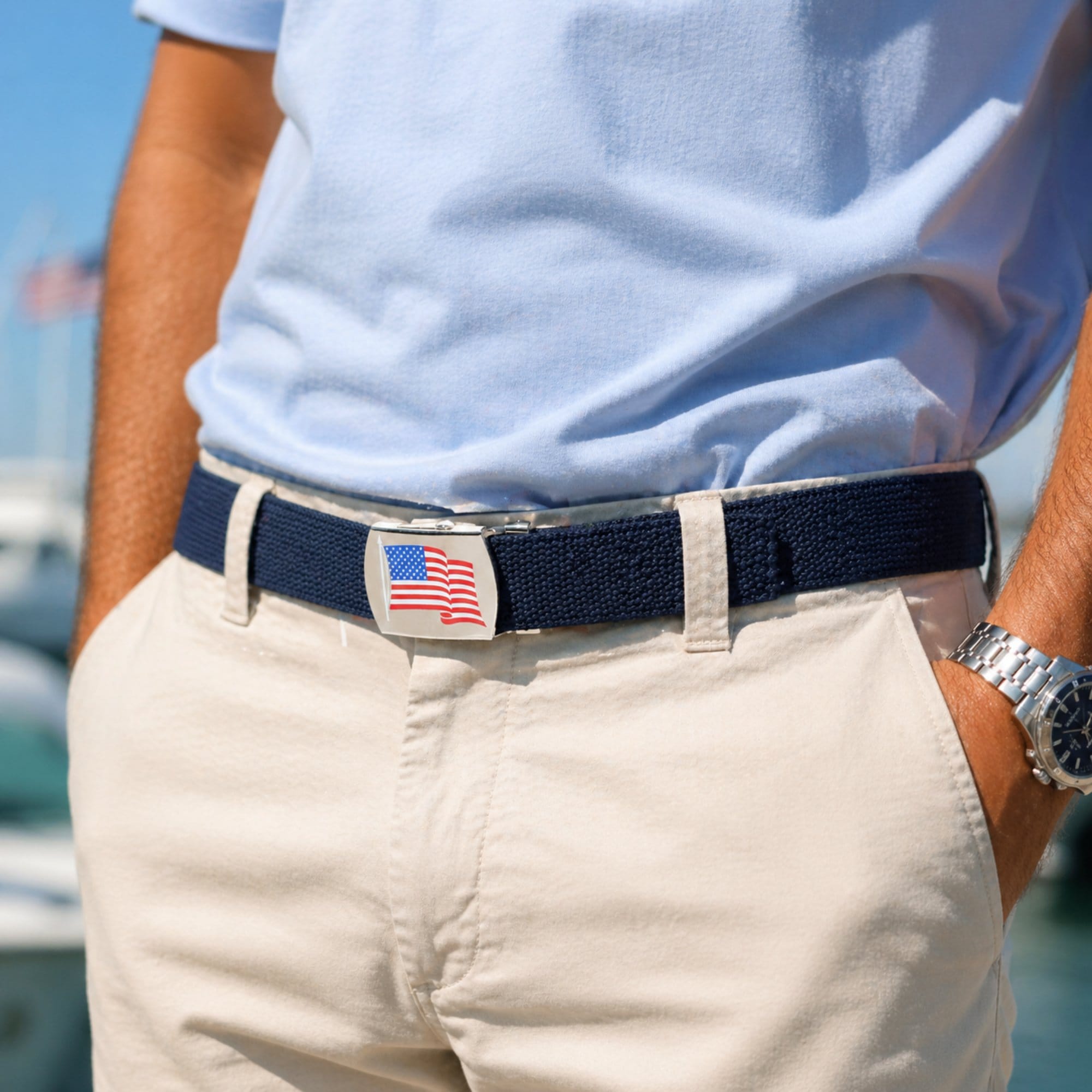 CTM® Cotton Adjustable Belt with U.S.A. Flag Buckle - Navy