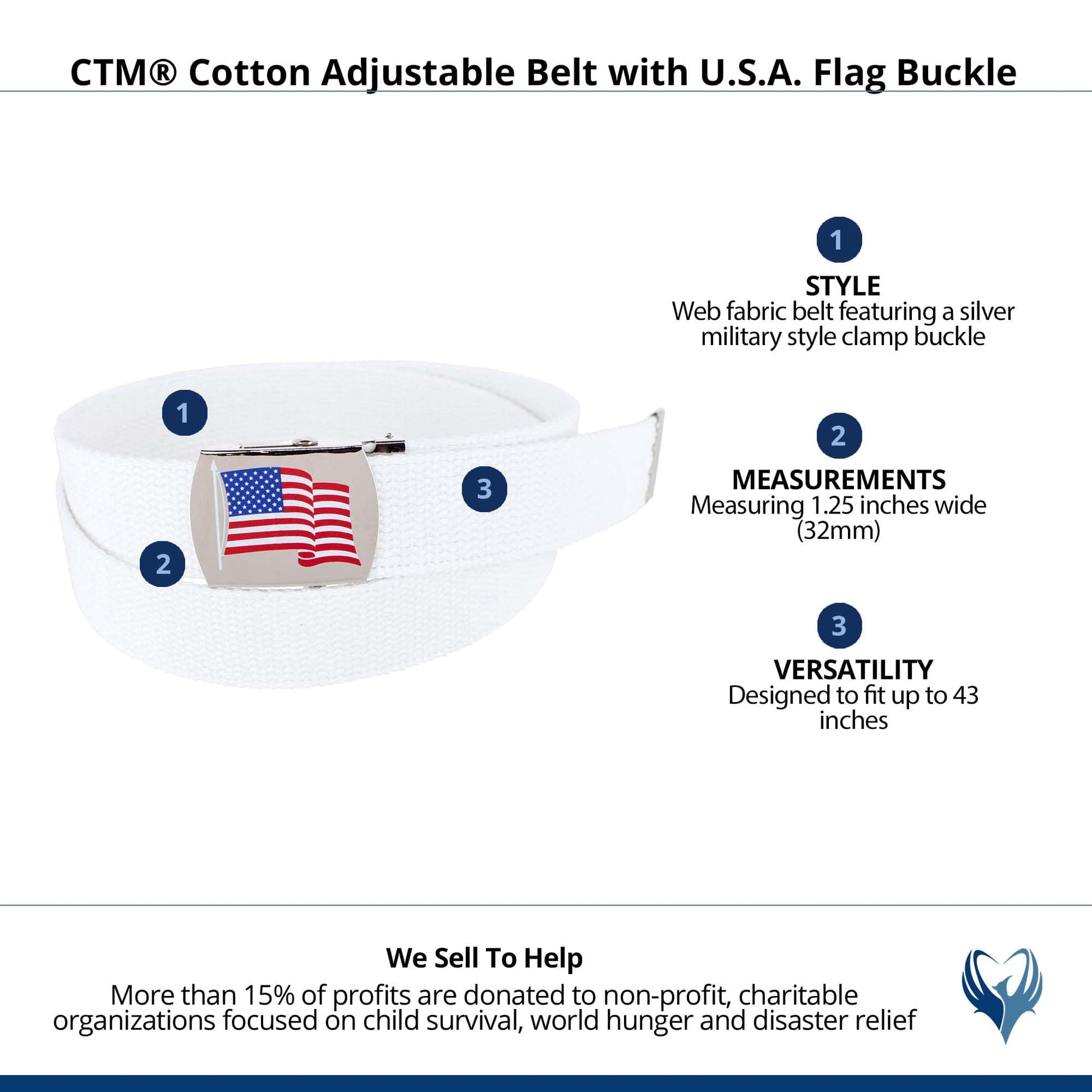CTM® Cotton Adjustable Belt with U.S.A. Flag Buckle - White