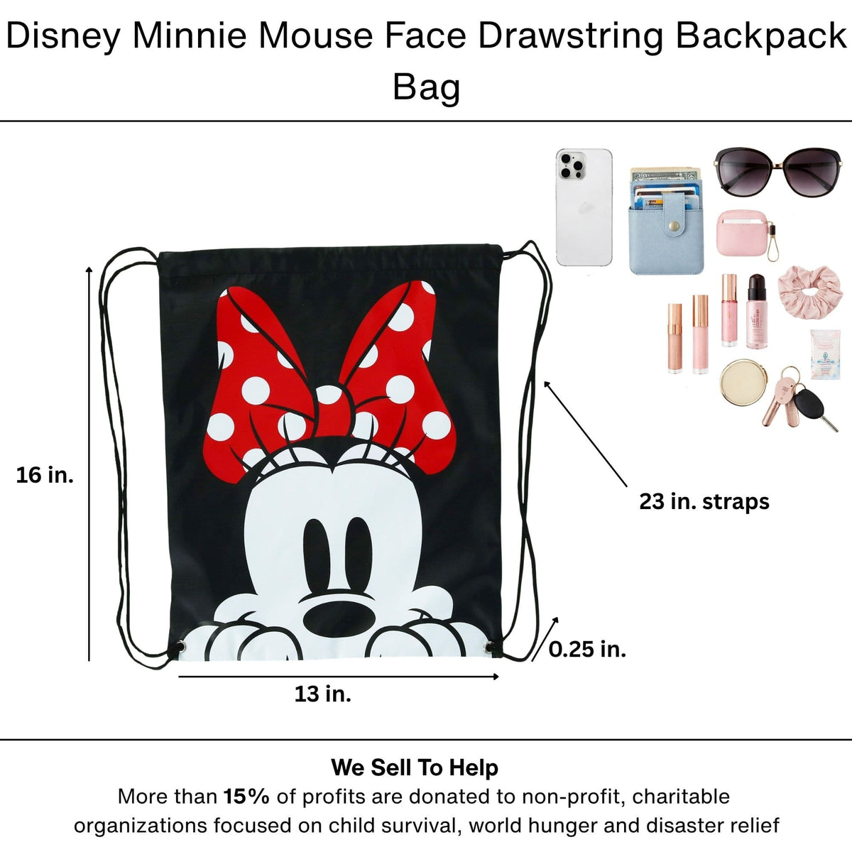 Disney Minnie Mouse Face Drawstring Backpack Bag - Black