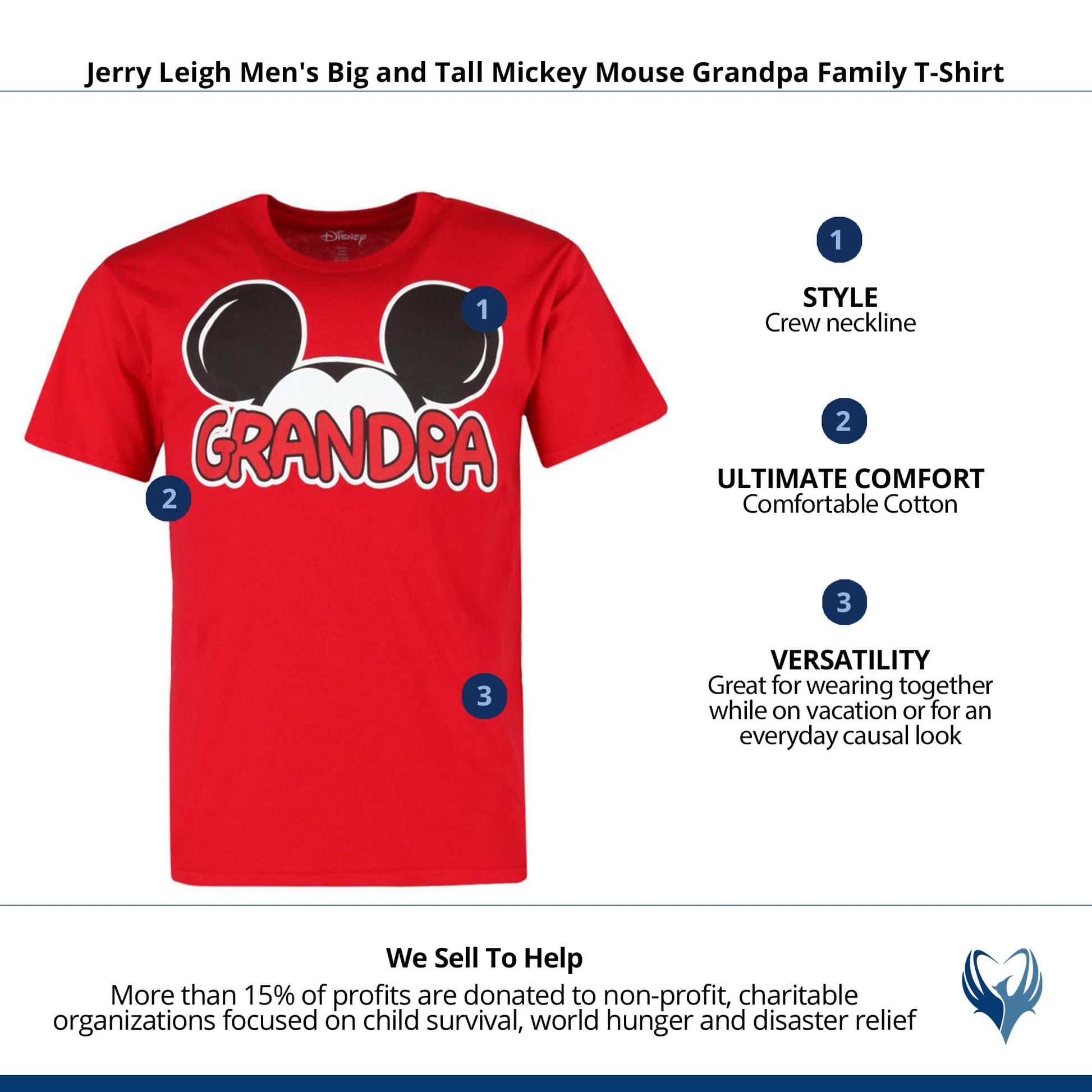 Jerry Leigh Men's Big and Tall Mickey Mouse Grandpa Family T-Shirt - Red Disney