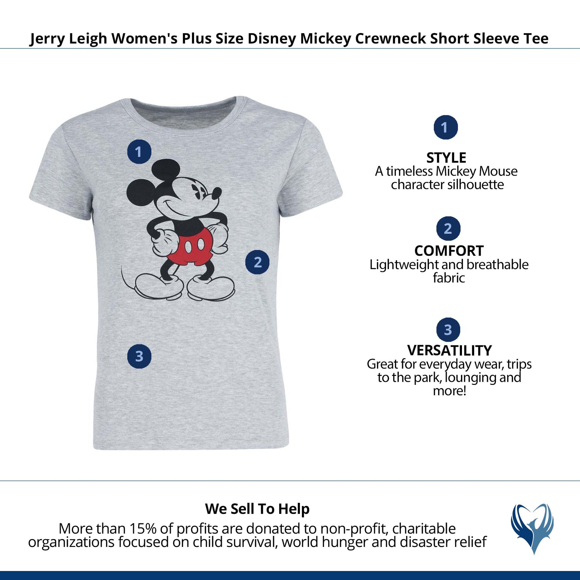 Jerry Leigh Women's Plus Size Disney Mickey Crewneck Short Sleeve Tee - Grey
