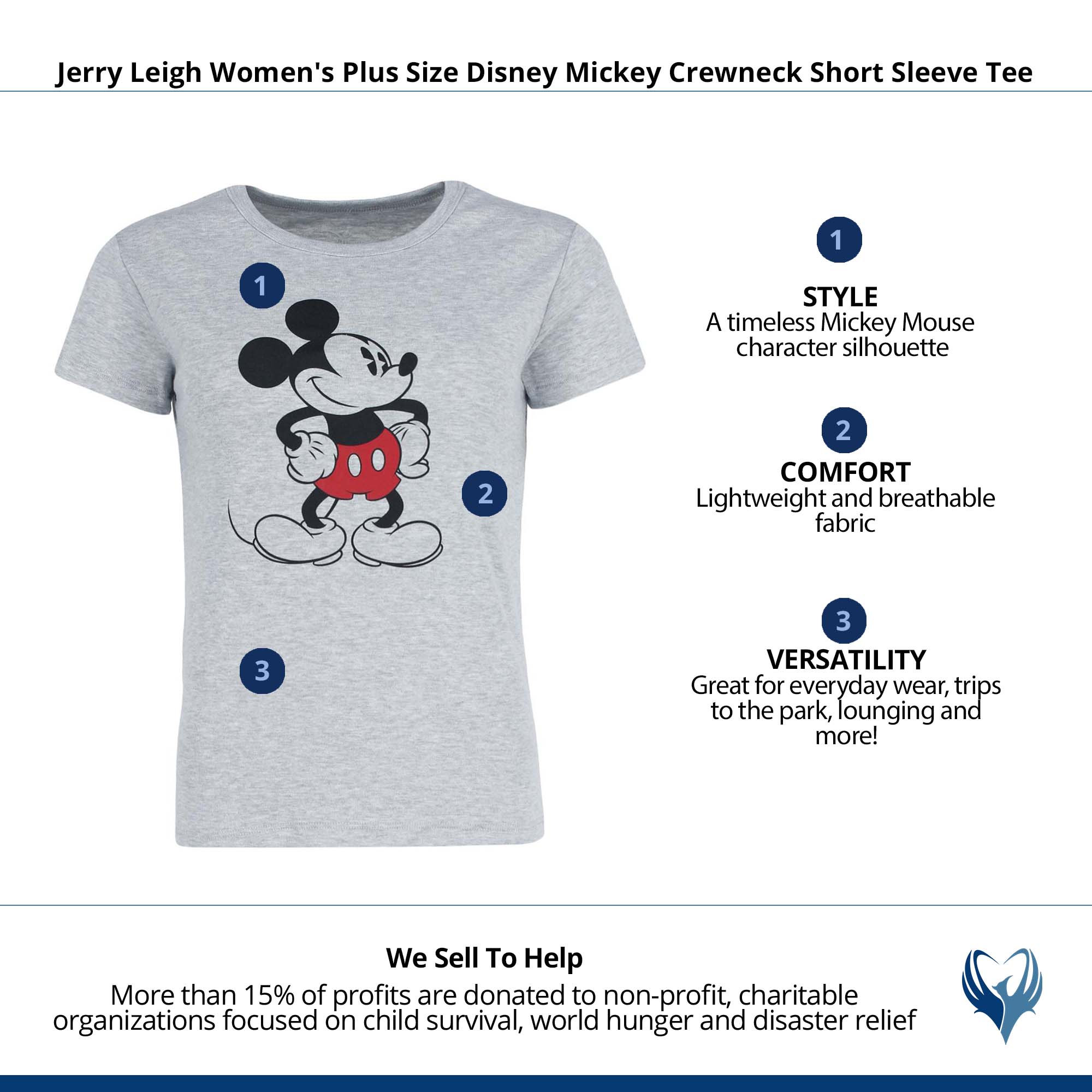 Jerry Leigh Women's Plus Size Disney Mickey Crewneck Short Sleeve Tee - Grey