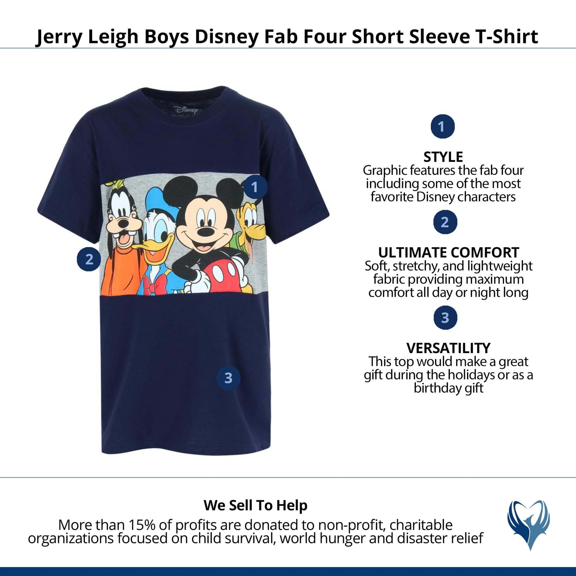 Jerry Leigh Boys Disney Fab Four Short Sleeve T-Shirt - Navy
