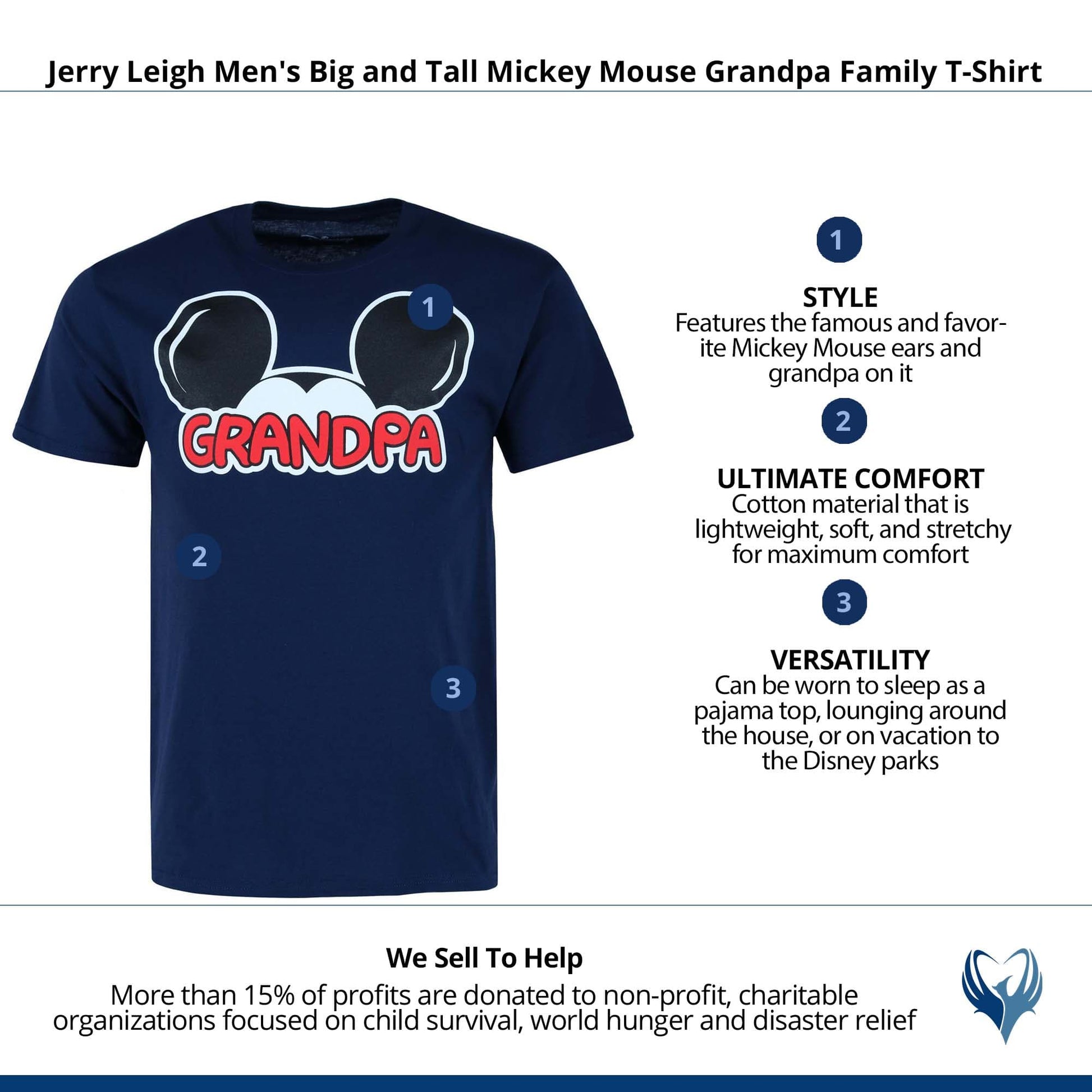 Jerry Leigh Men's Big and Tall Mickey Mouse Grandpa Family T-Shirt - Navy