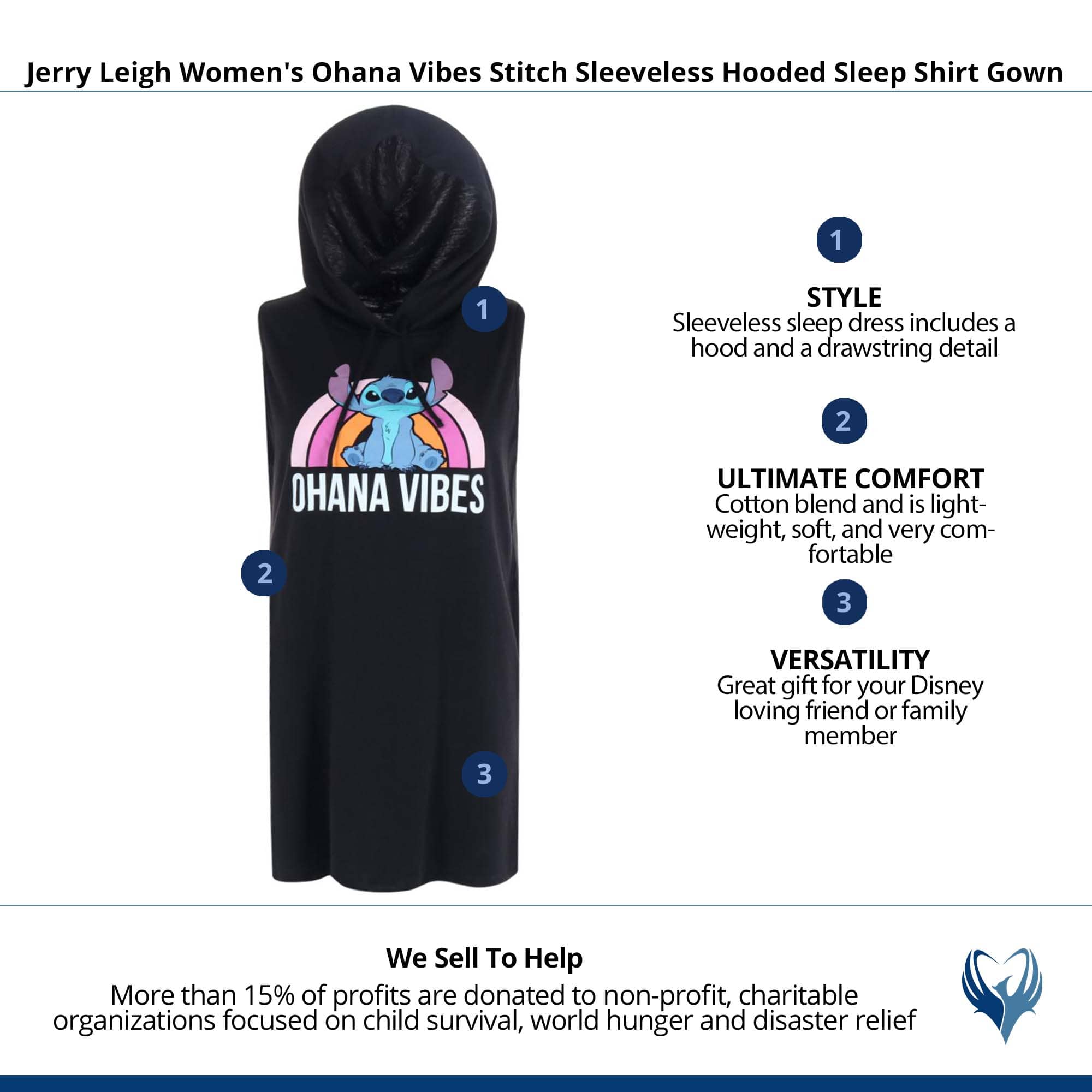 Jerry Leigh Women's Ohana Vibes Stitch Sleeveless Hooded Shirt Gown - Black
