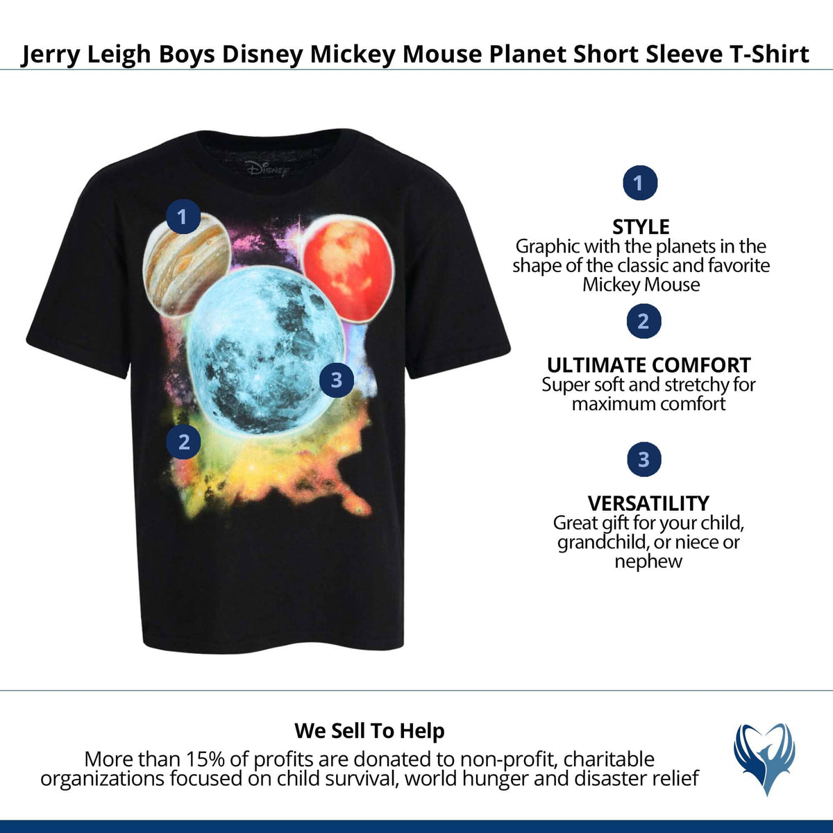 Jerry Leigh Boys Disney Mickey Mouse Planet Short Sleeve T-Shirt - Black