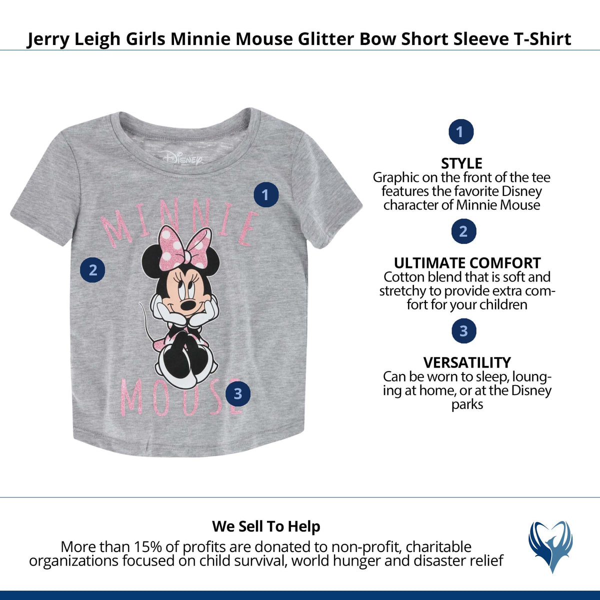 Jerry Leigh Girls Minnie Mouse Glitter Bow Short Sleeve T-Shirt - Grey