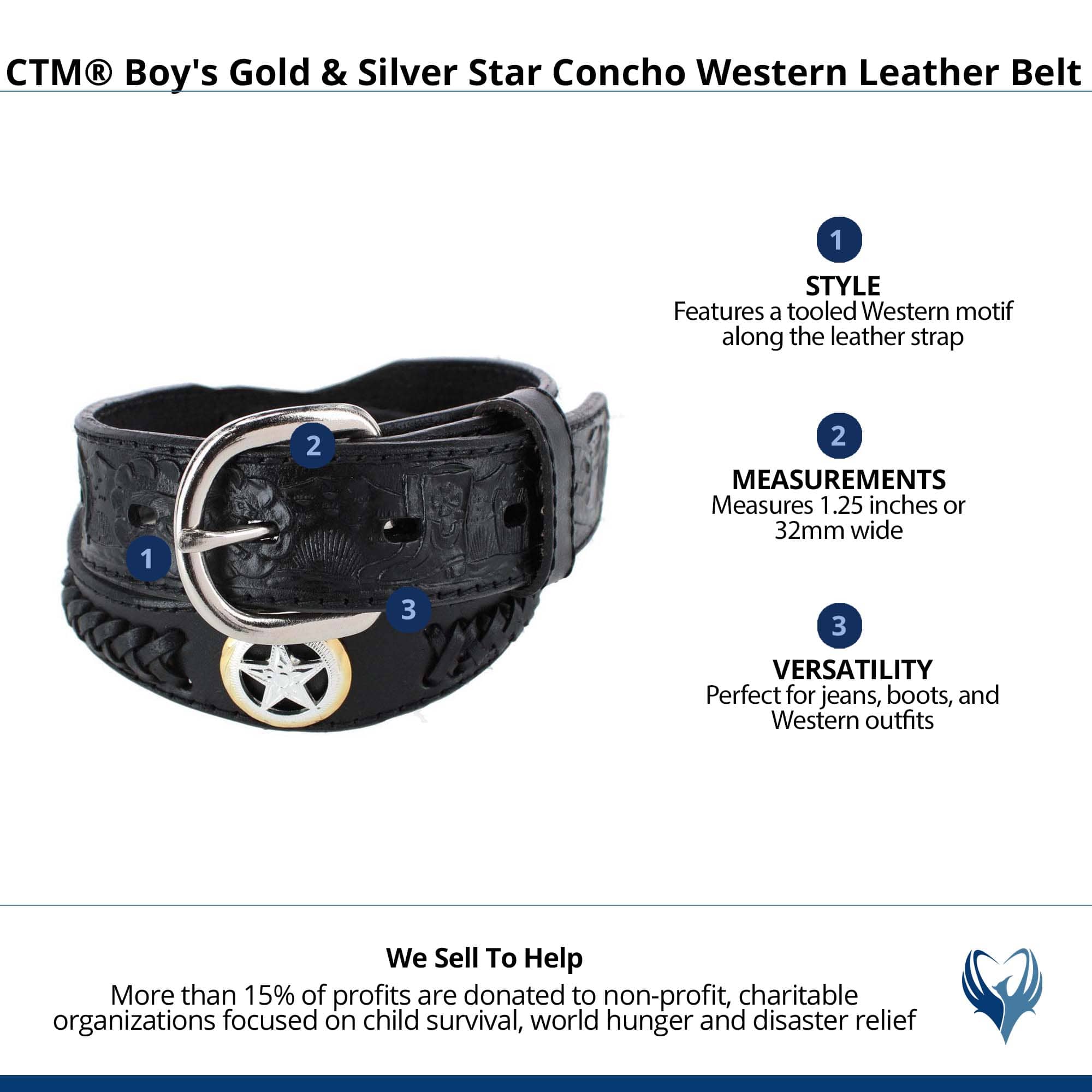 CTM® Boy's Gold & Silver Star Concho Western Leather Belt - Black
