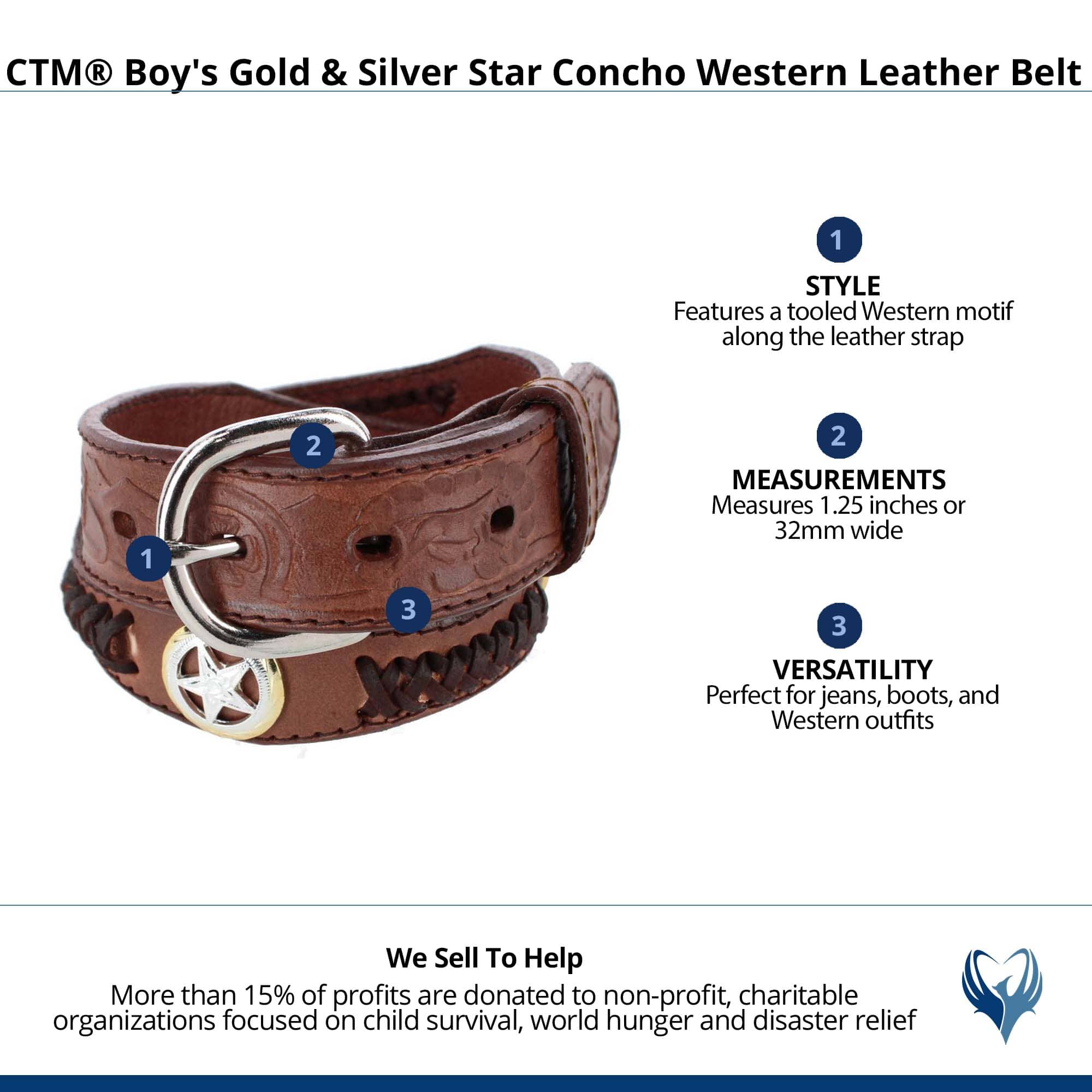 CTM® Boy's Gold & Silver Star Concho Western Leather Belt - Brown