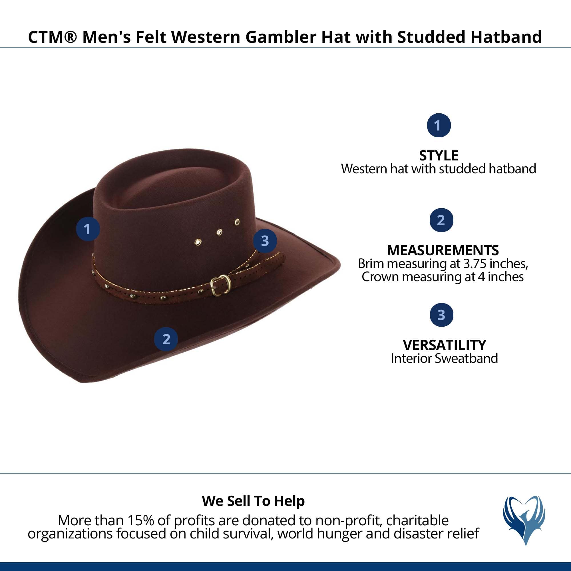 CTM® Men's Felt Western Gambler Hat with Studded Hatband - Brown