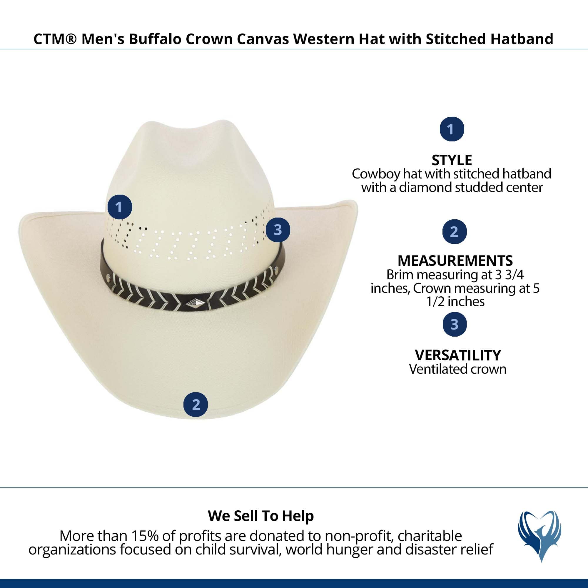CTM® Men's Buffalo Crown Canvas Western Hat with Stitched Hatband - Natural