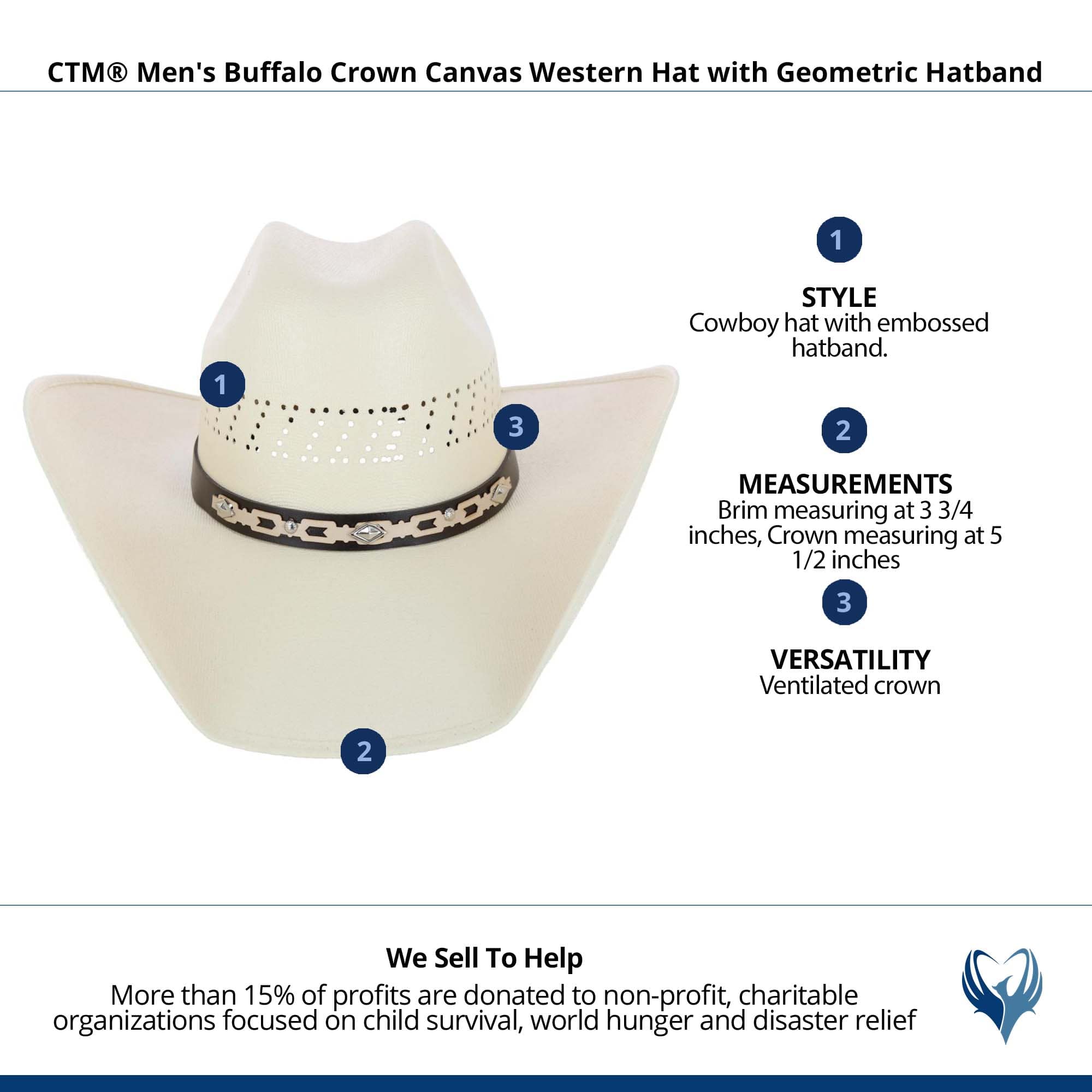 CTM® Men's Buffalo Crown Canvas Western Hat with Geometric Hatband - Canvas