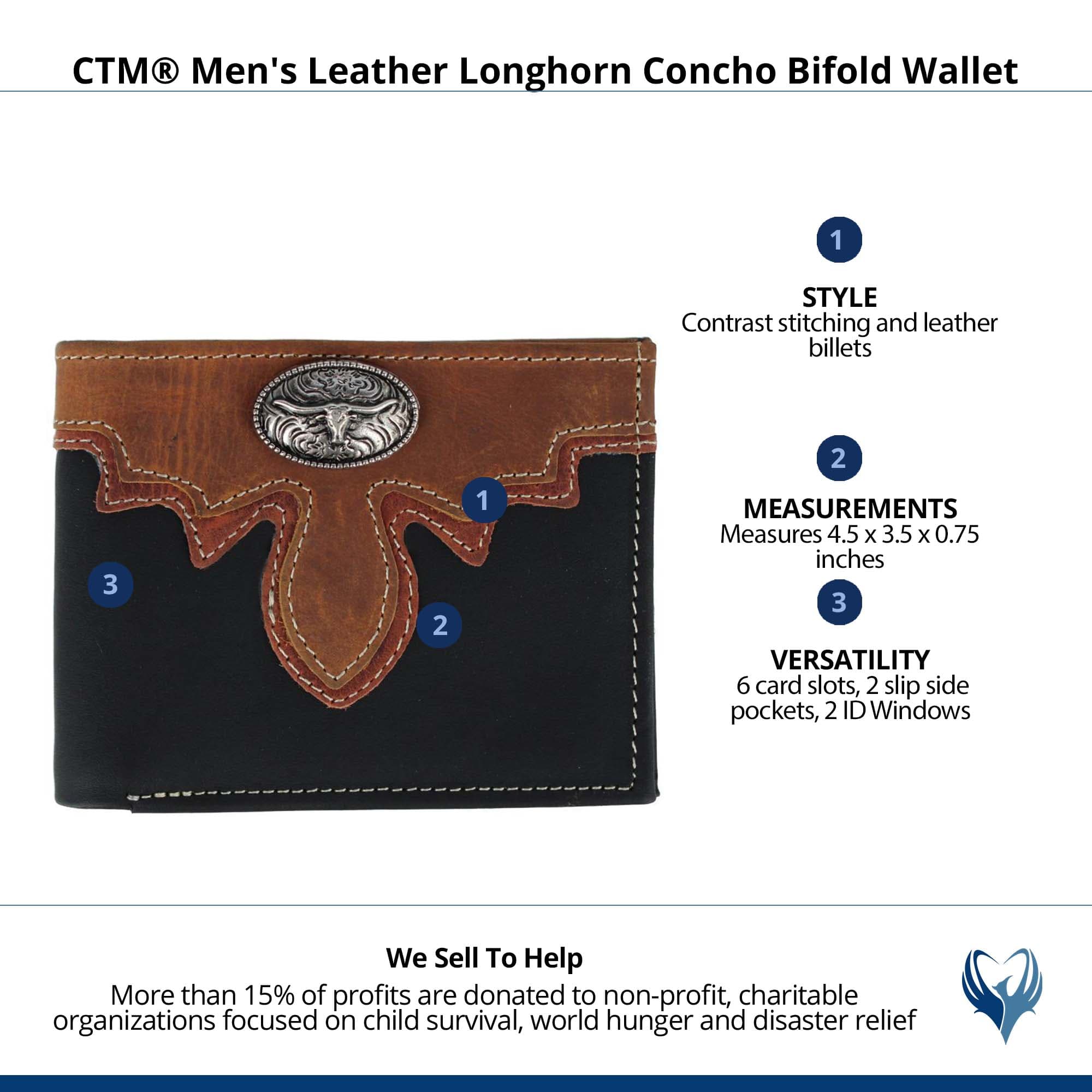CTM® Men's Leather Longhorn Concho Bifold Wallet - Black