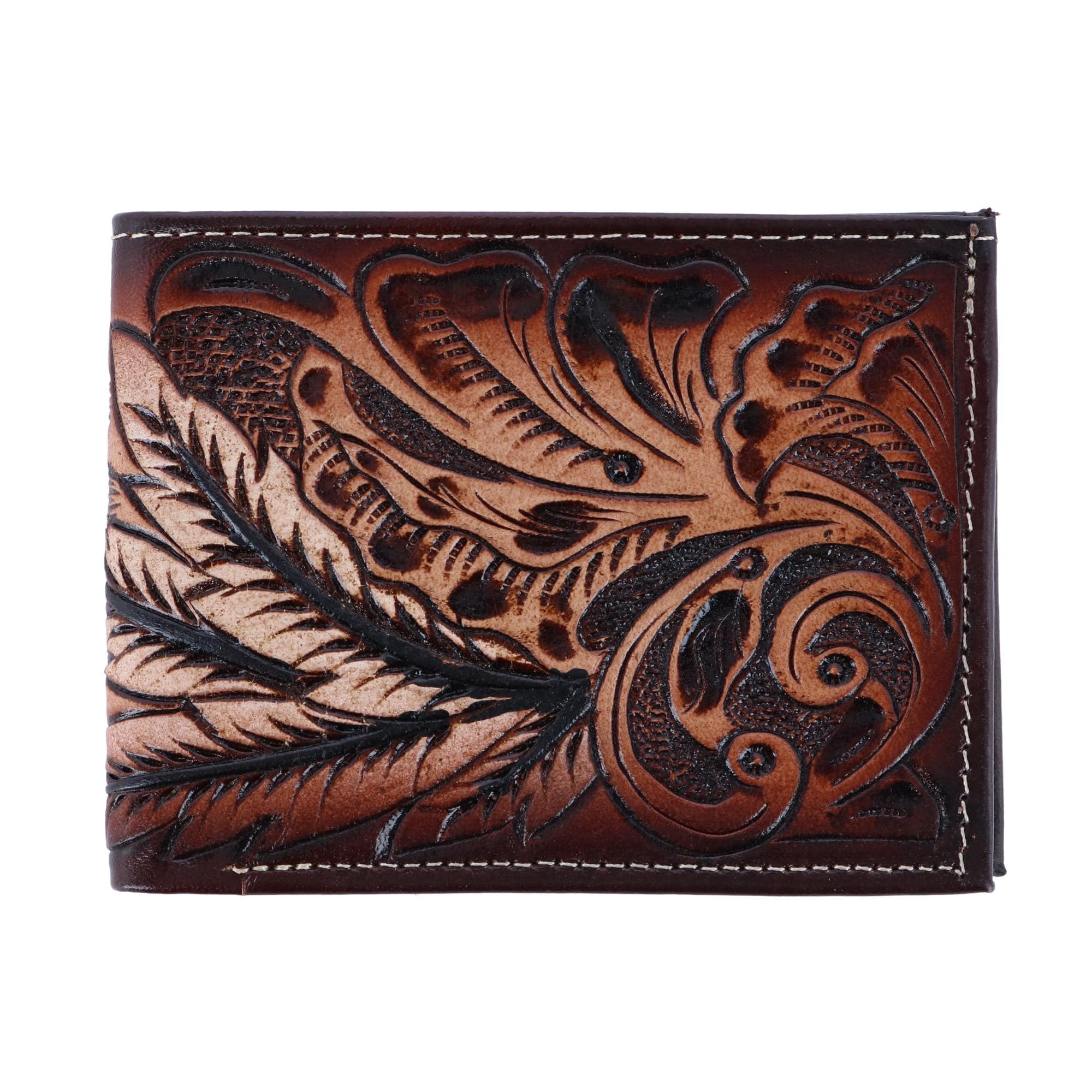 CTM® Men's Feather Tooled Leather Bifold Wallet
