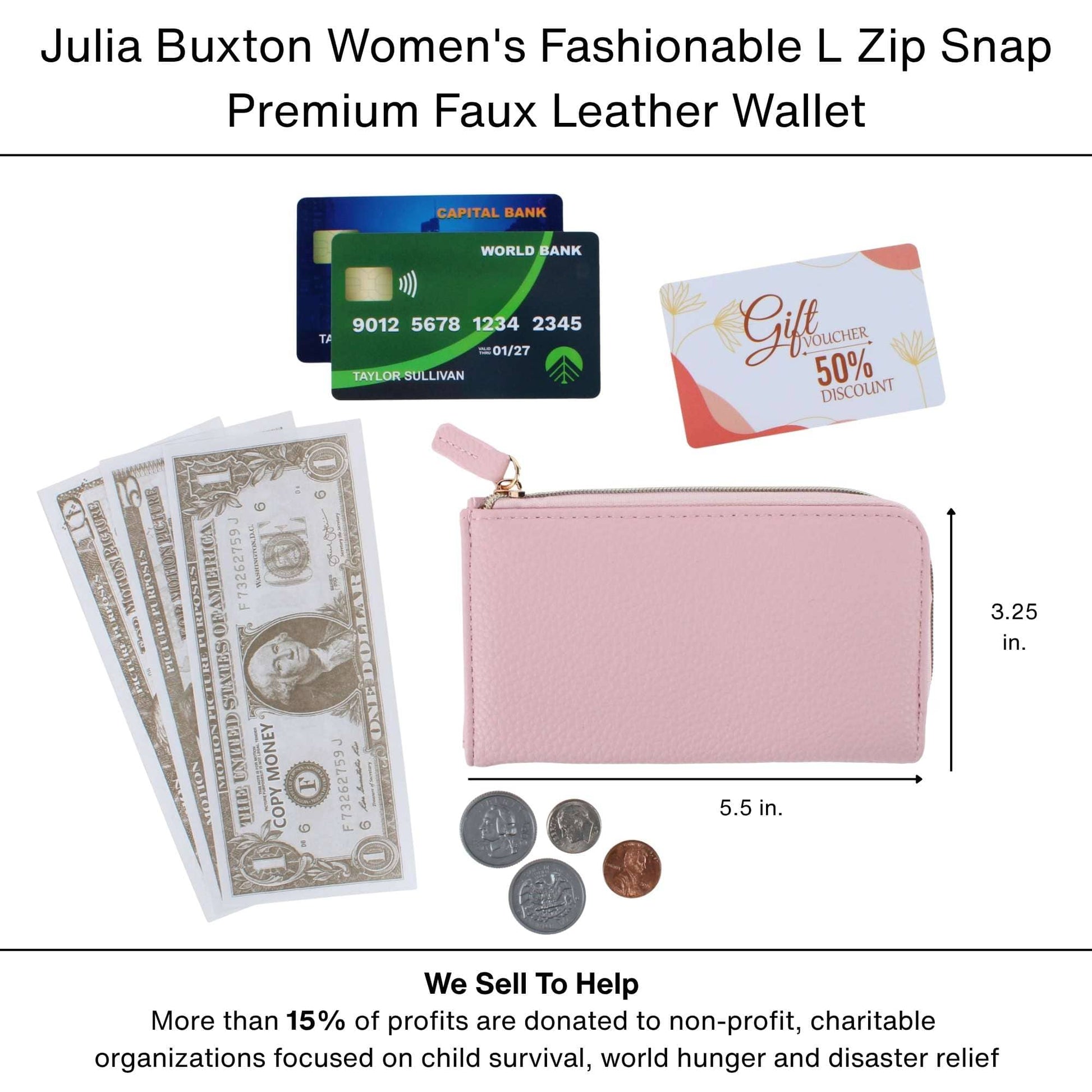Julia Buxton Women's Fashionable L Zip Snap Premium Faux Leather Wallet - Debutante