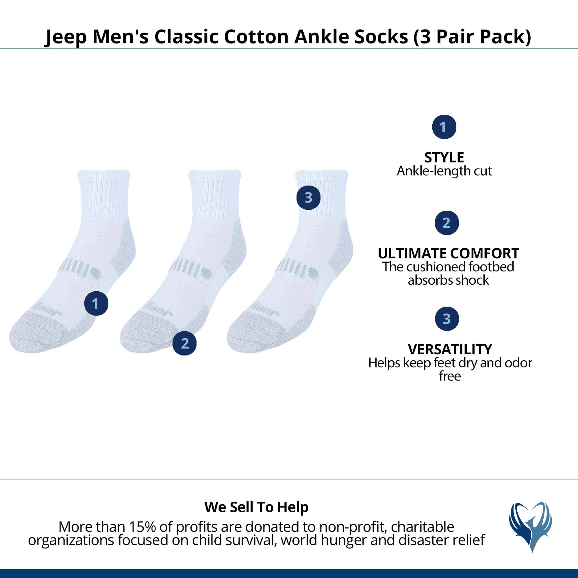 Jeep Men's Classic Cotton Ankle Socks (3 Pair Pack) - White