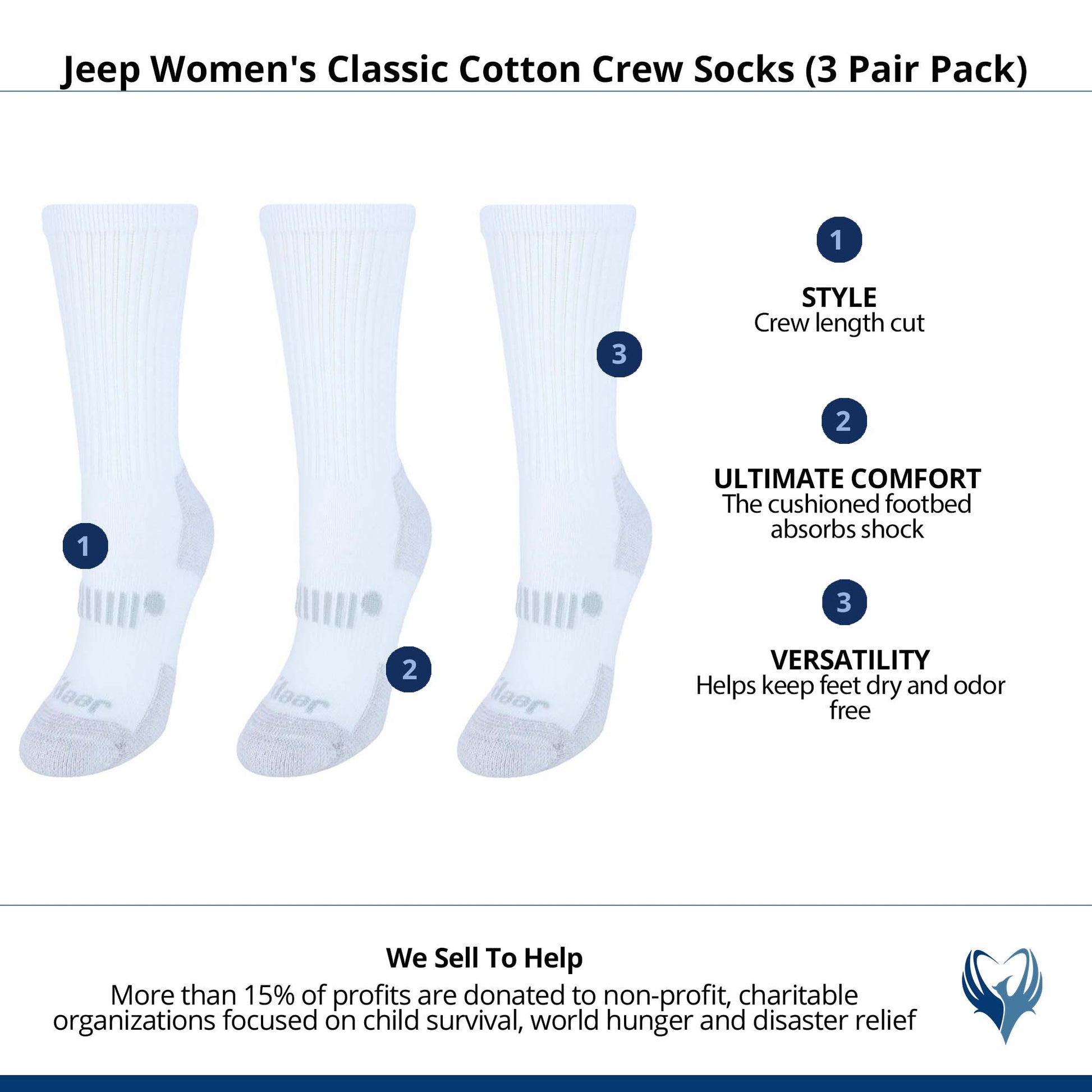 Jeep Women's Classic Cotton Crew Socks (3 Pair Pack) - White