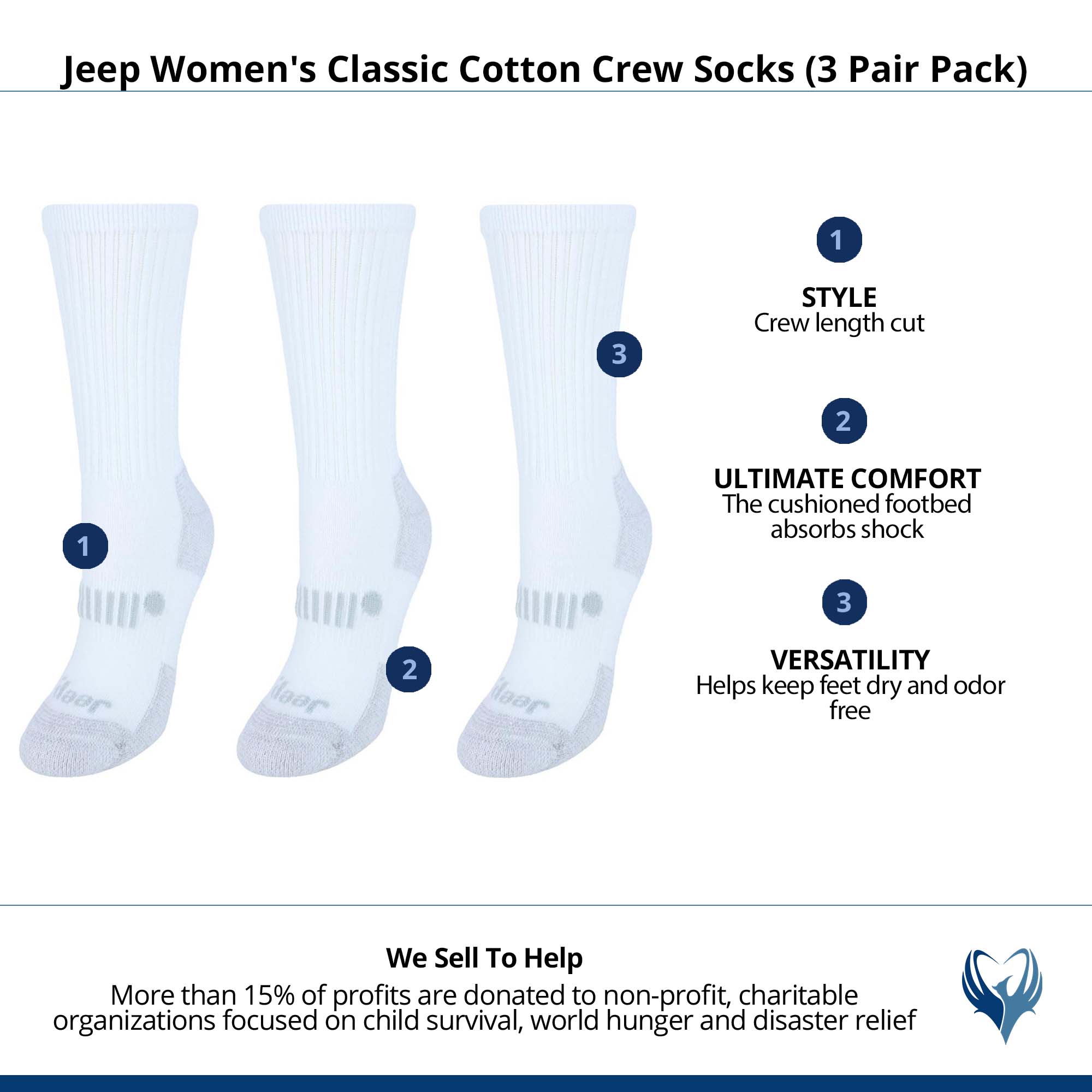 Jeep Women's Classic Cotton Crew Socks (3 Pair Pack) - White