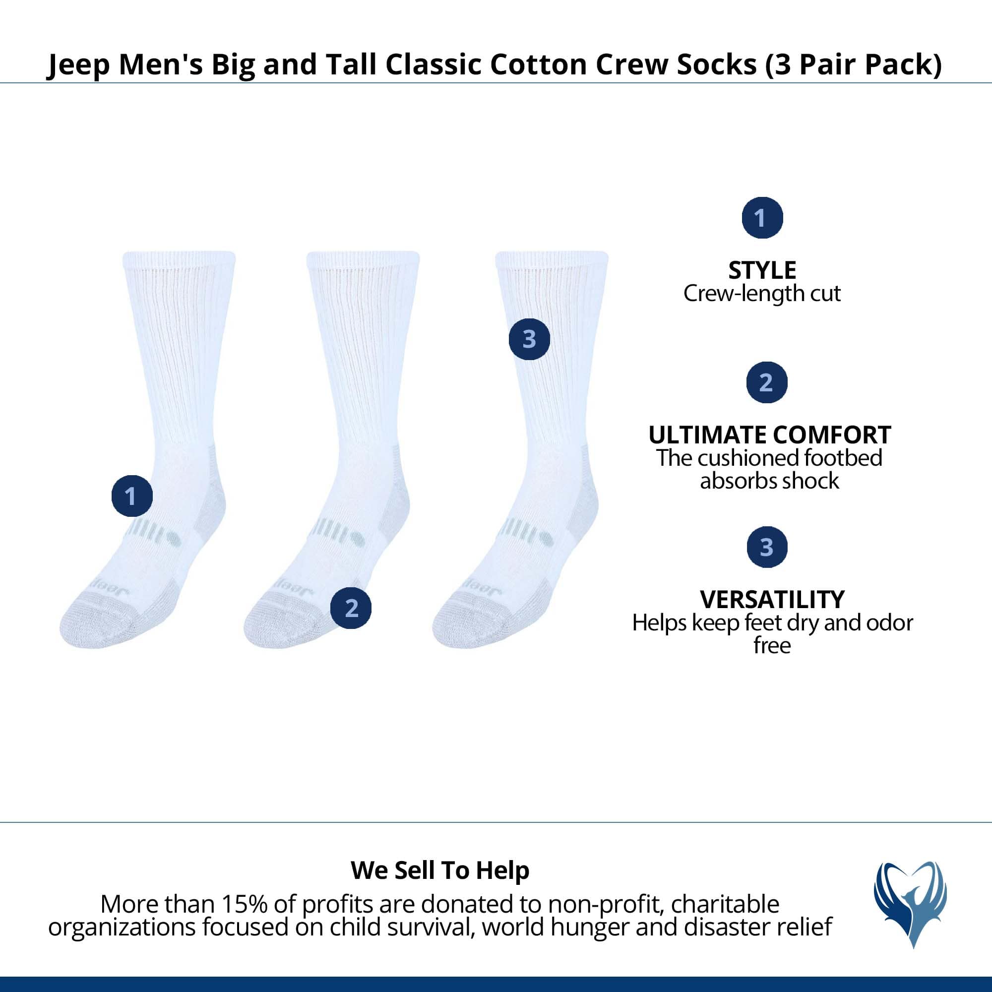 Jeep Men's Big and Tall Classic Cotton Crew Socks (3 Pair Pack) - White