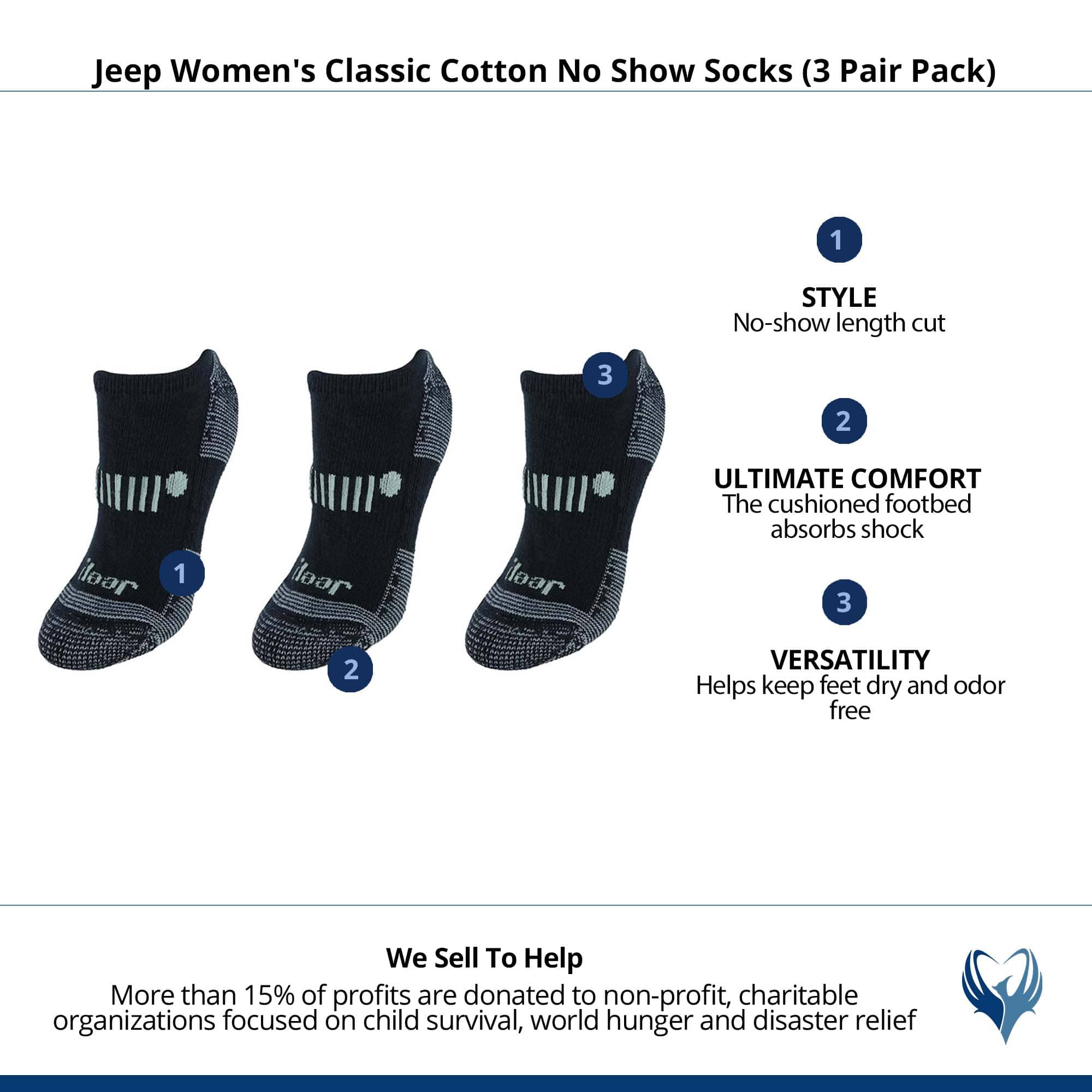 Jeep Women's Classic Cotton No Show Socks (3 Pair Pack) - Black