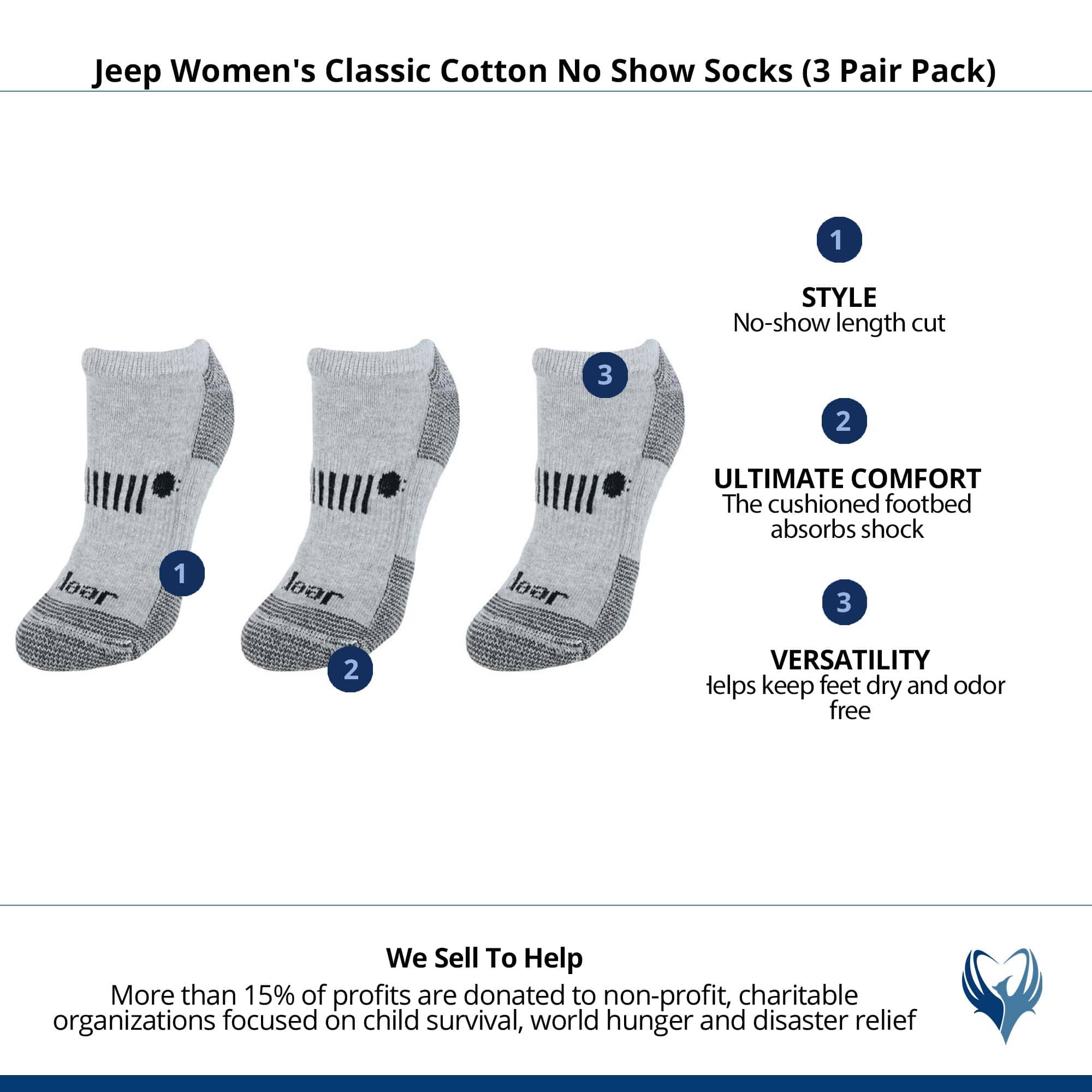 Jeep Women's Classic Cotton No Show Socks (3 Pair Pack) - Gray