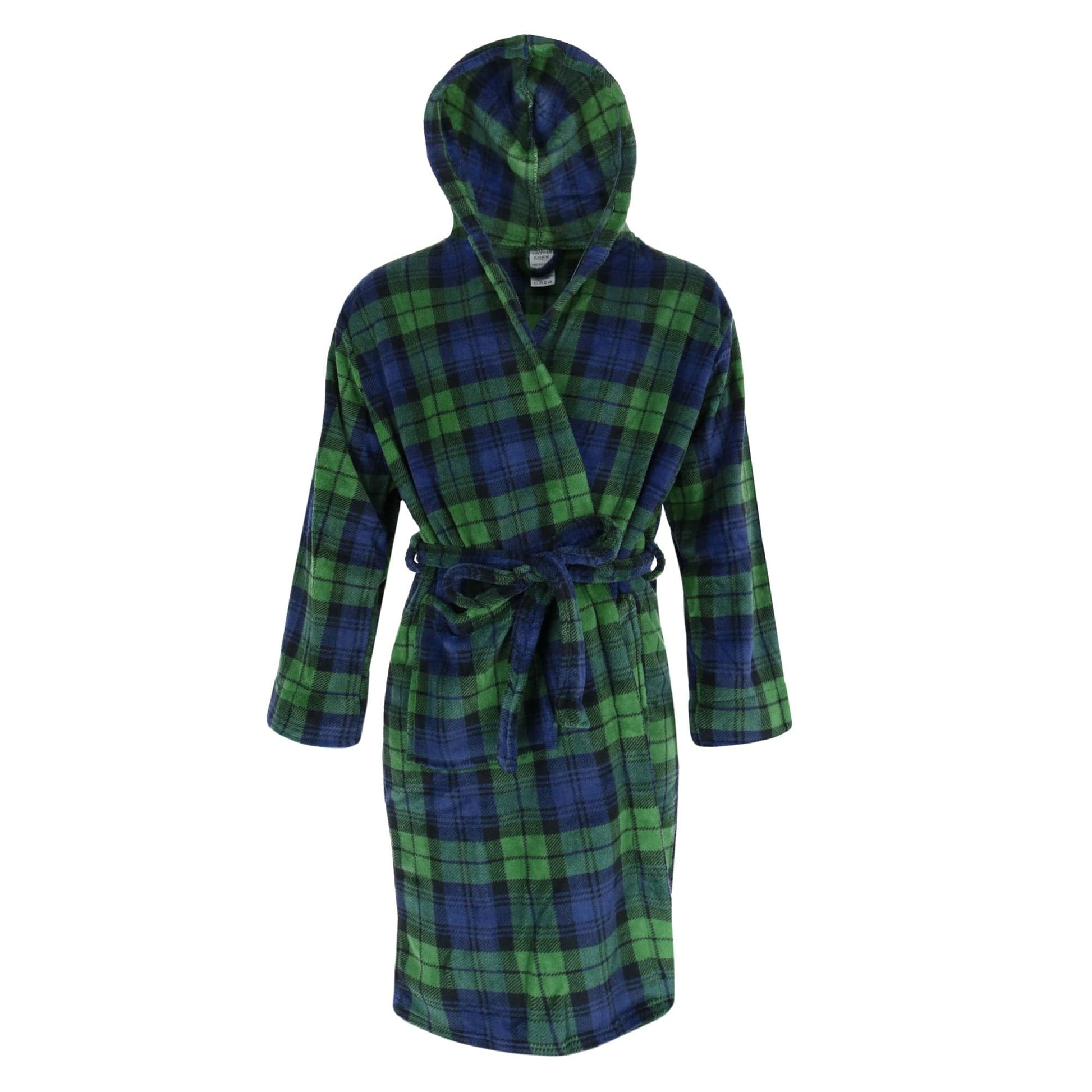 Wanted Men's Fleece Hooded Flannel Robe - Navy/Green Plaid
