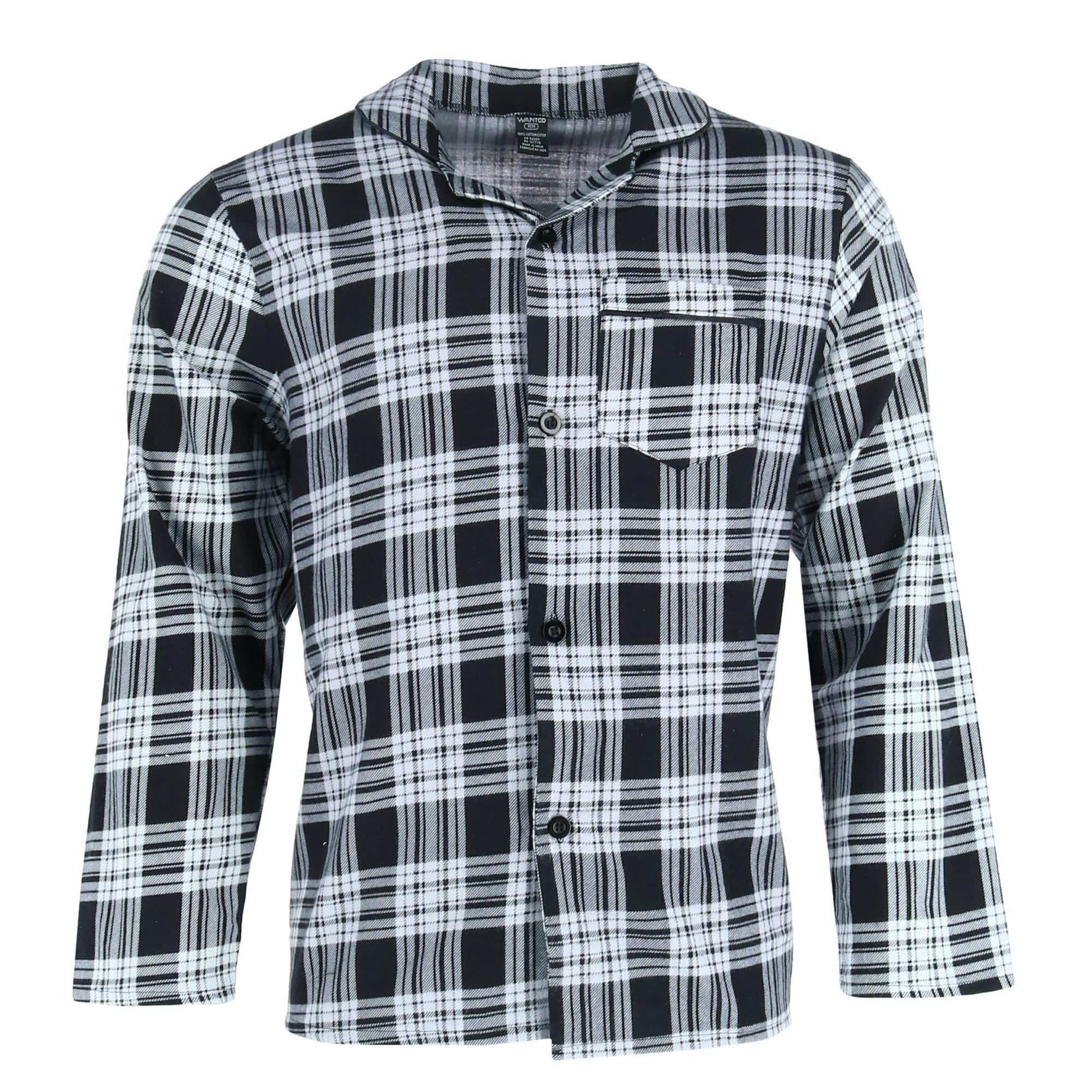 Wanted Men's 100% Cotton Flannel Long Pajama Set - Black with Grey