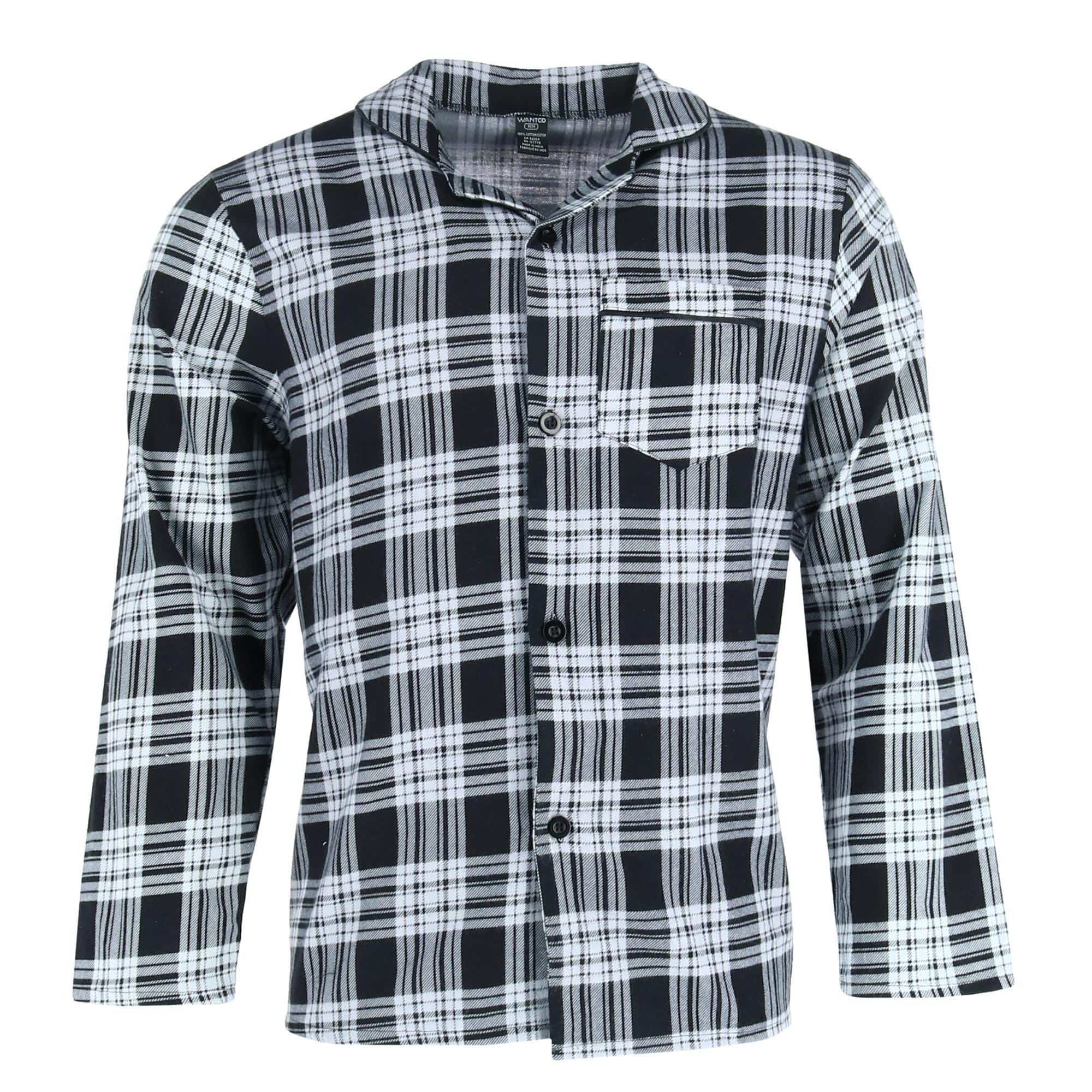 Wanted Men's 100% Cotton Flannel Long Pajama Set - Black with Grey