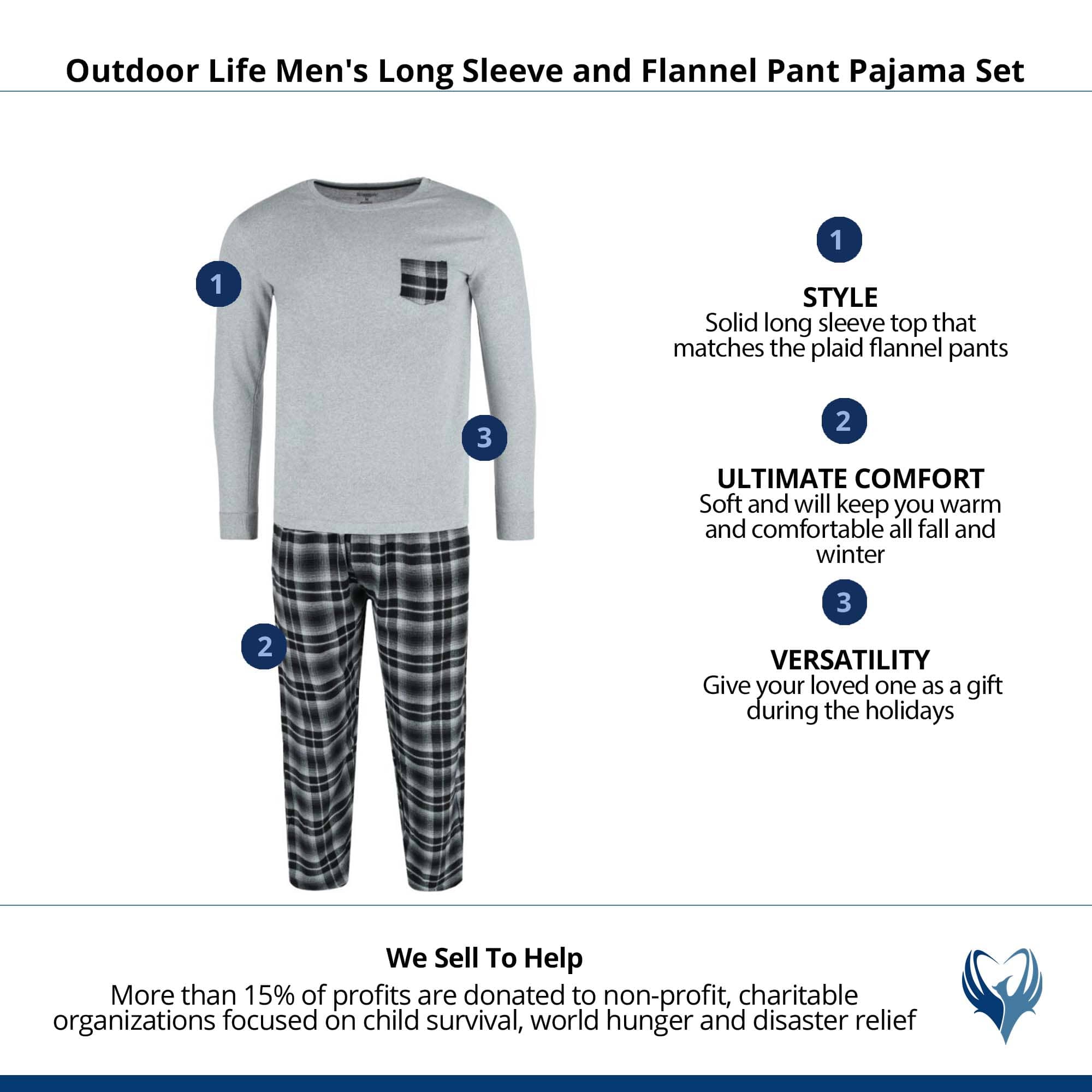Outdoor Life Men's Long Sleeve and Flannel Pant Pajama Set - Black/Grey