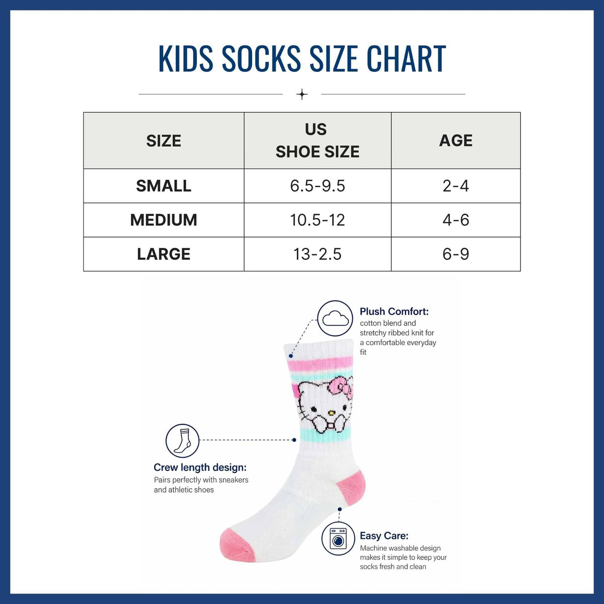Textiel Trade Girl's Sanrio Hello Kitty Ribbed Athletic Socks (2 Pair) - White with Pink and Light Blue Stripes