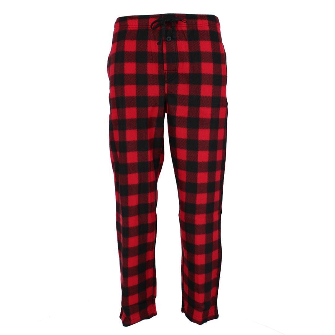 Fruit of the Loom Men's Fleece Plaid Sleep Pant and Tee Set - Black and Red