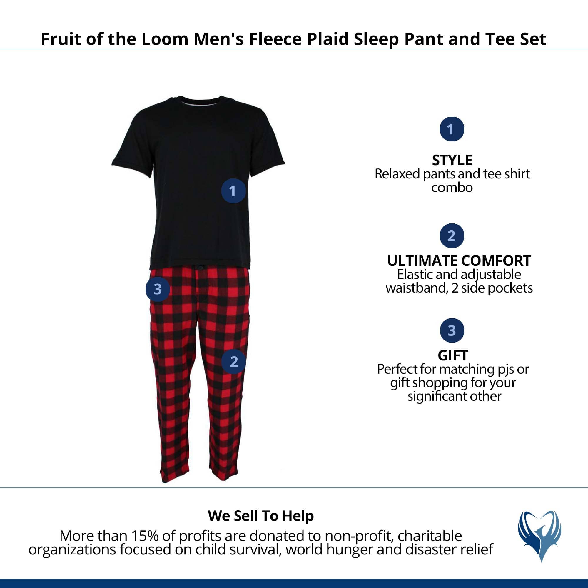 Fruit of the Loom Men's Fleece Plaid Sleep Pant and Tee Set - Black and Red
